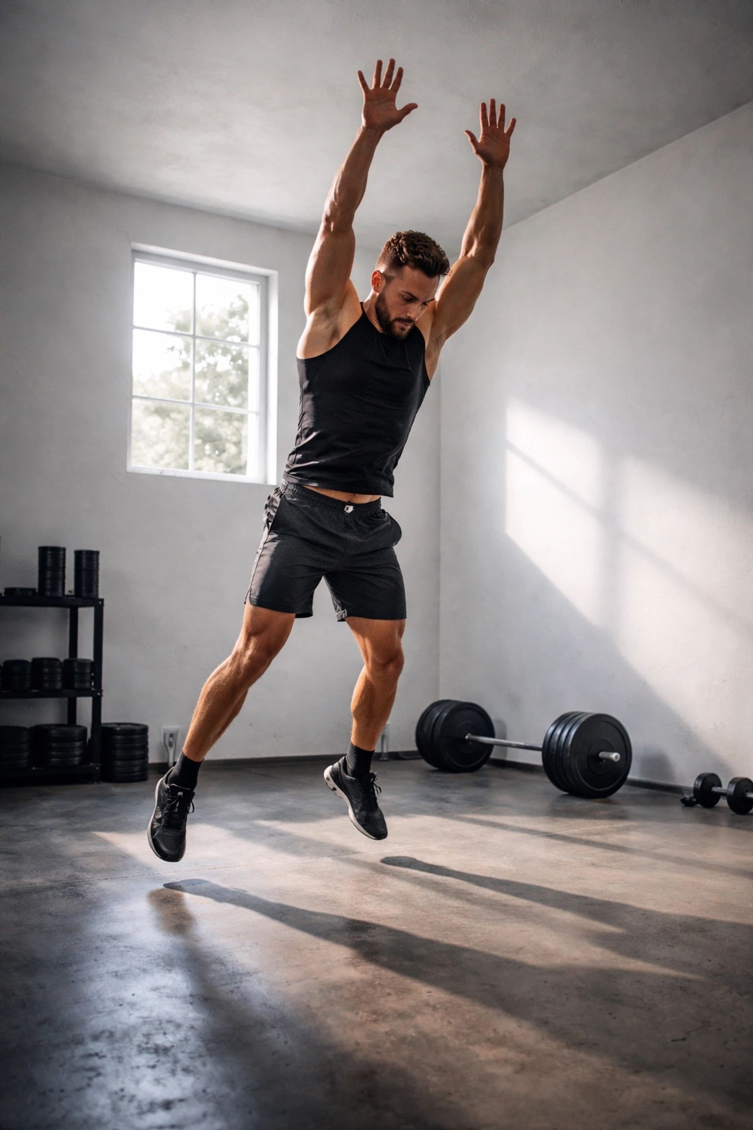 Athlete performing a burpee in a minimalist home garage gym free of wall-mounted equipment, showcasing wall-safe CrossFit workouts.