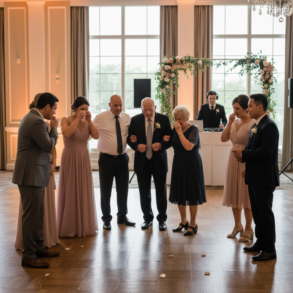 A group of people in formal attire stand in a circle, looking emotional. A DJ is in the background with a floral arch. Warm, elegant setting.