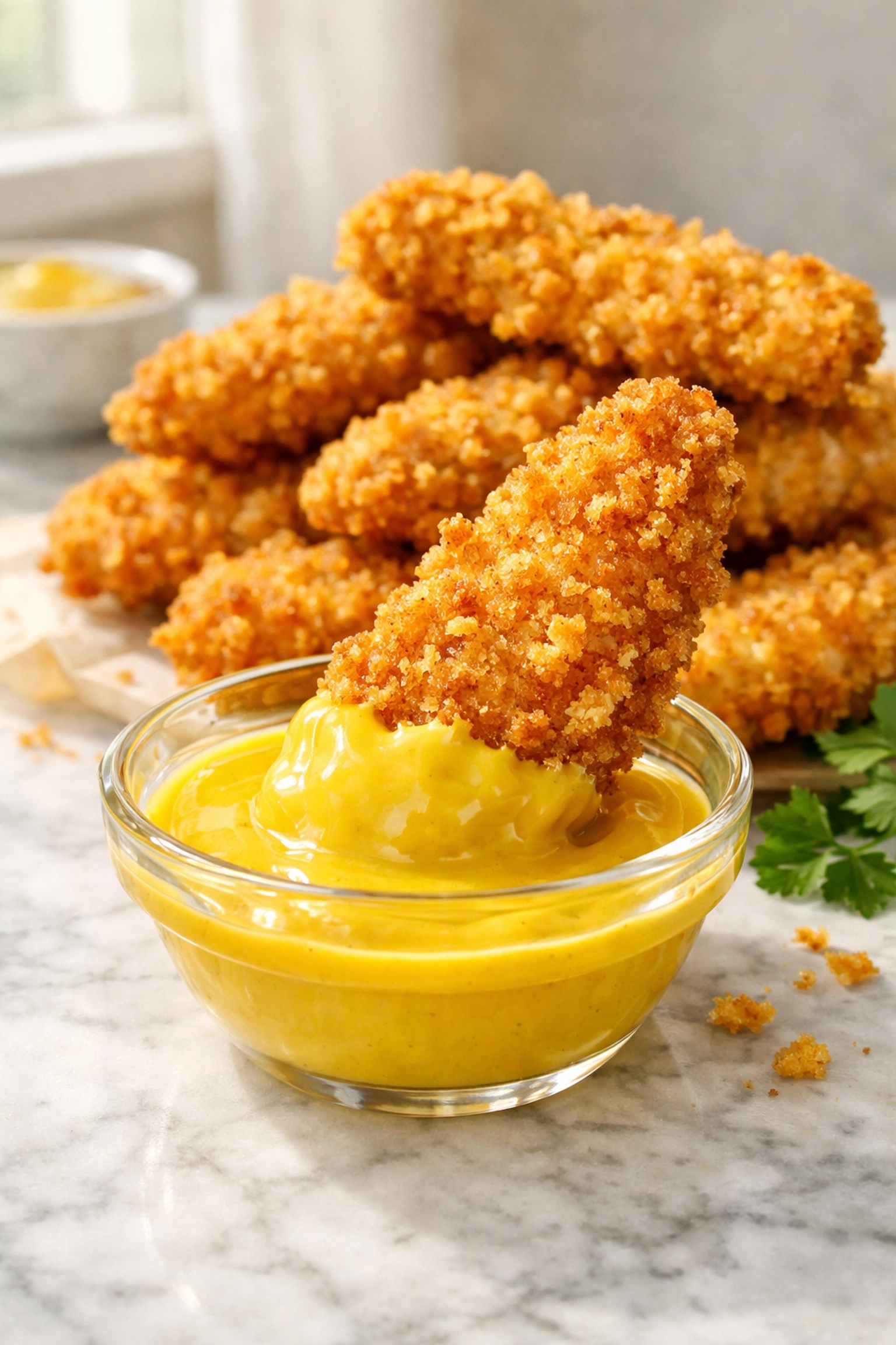 10 Air Fryer Dinners Everyone Is Making Right Now Crispy air fryer panko chicken tenders dipped in honey mustard sauce.