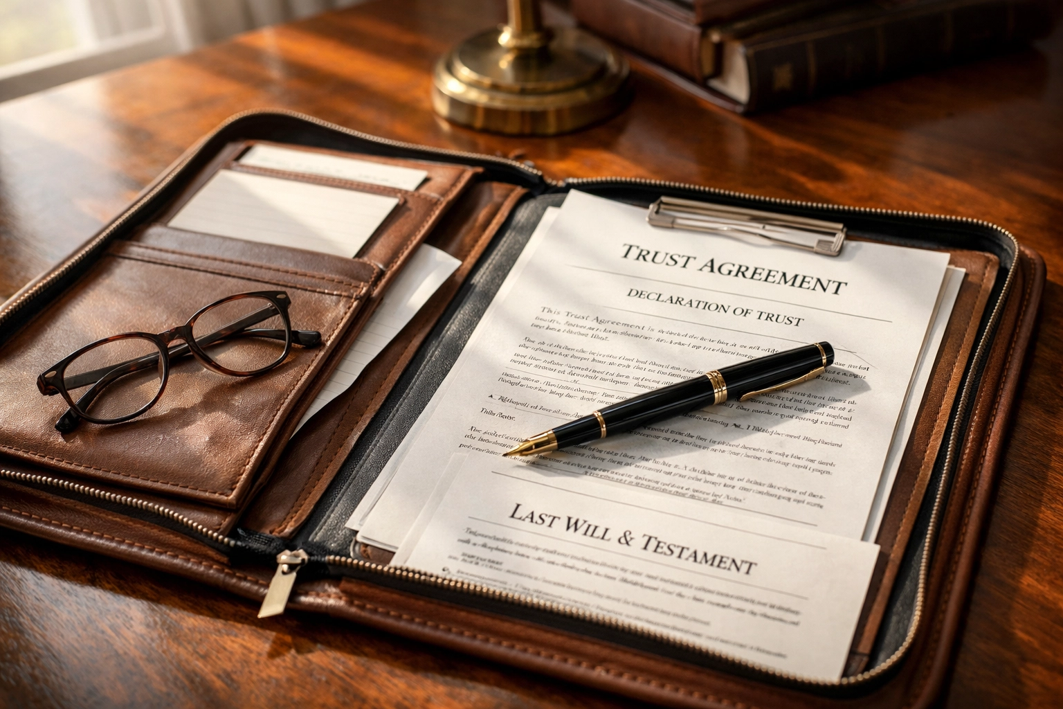 Trust documents and legal papers for estate planning on office desk