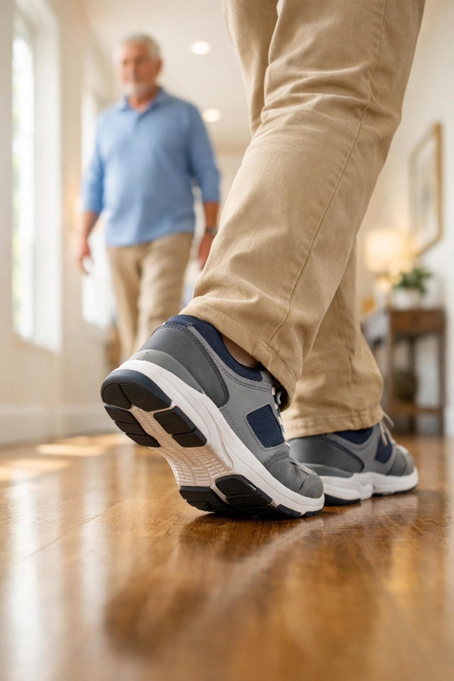 Senior man practicing heel-to-toe walking in a sunlit hallway to improve dynamic balance.