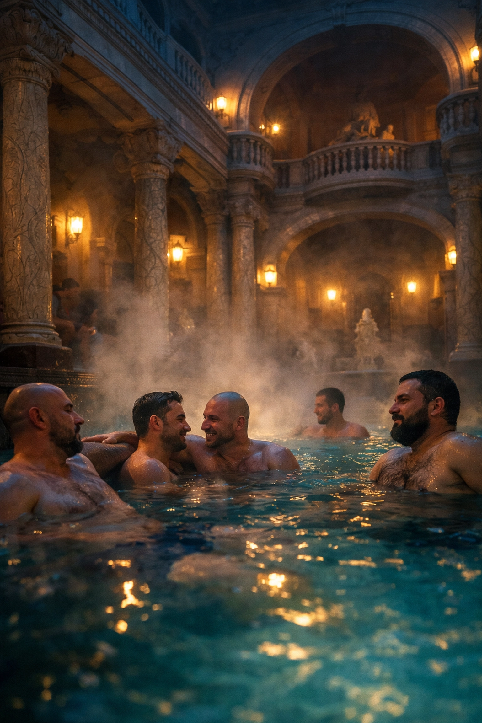 Historic Budapest thermal bath with gay men relaxing in steaming turquoise pools