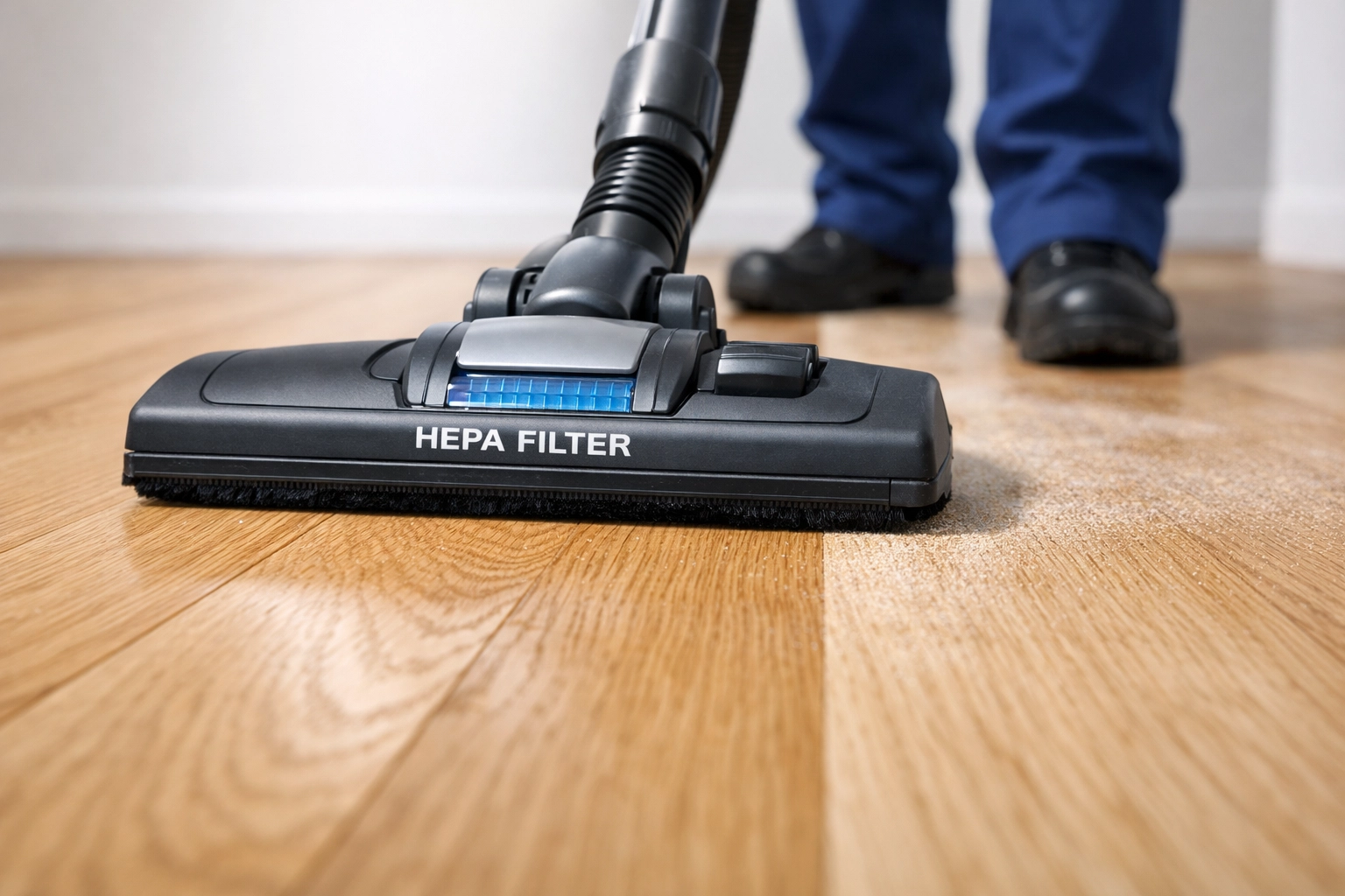 HEPA vacuuming fine dust off new hardwood floors during a residential construction cleanup in Worcester.