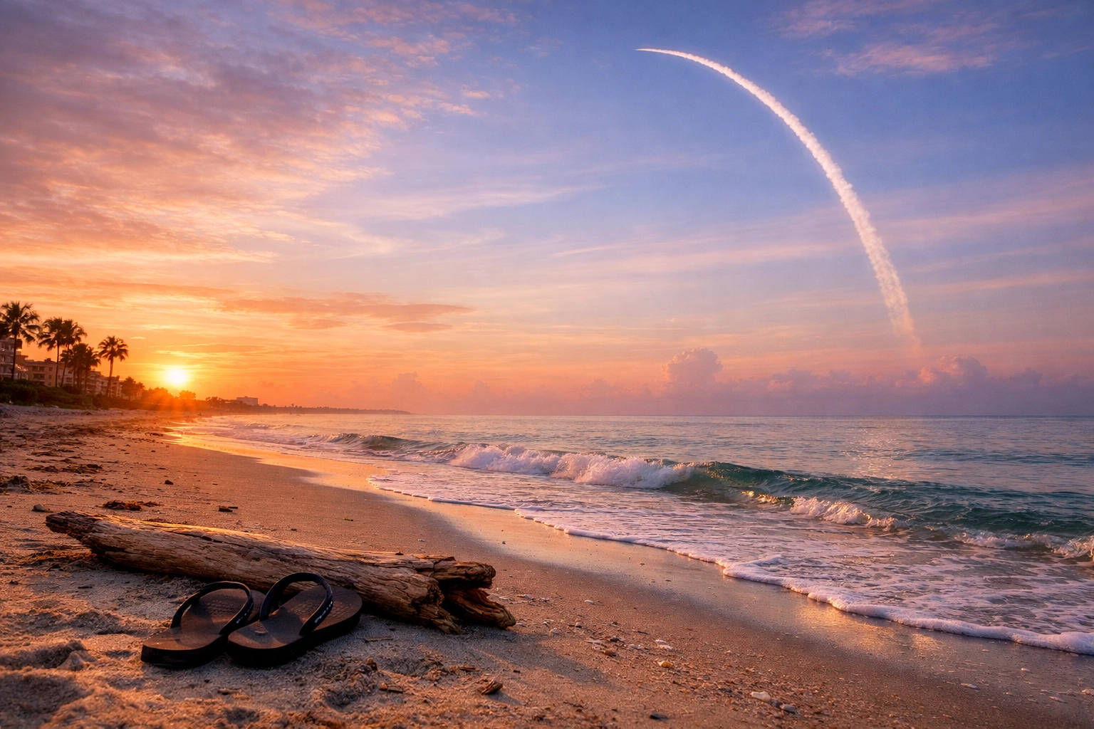 A peaceful sunrise on a Florida beach with a rocket trail, representing the unique Florida lifestyle.