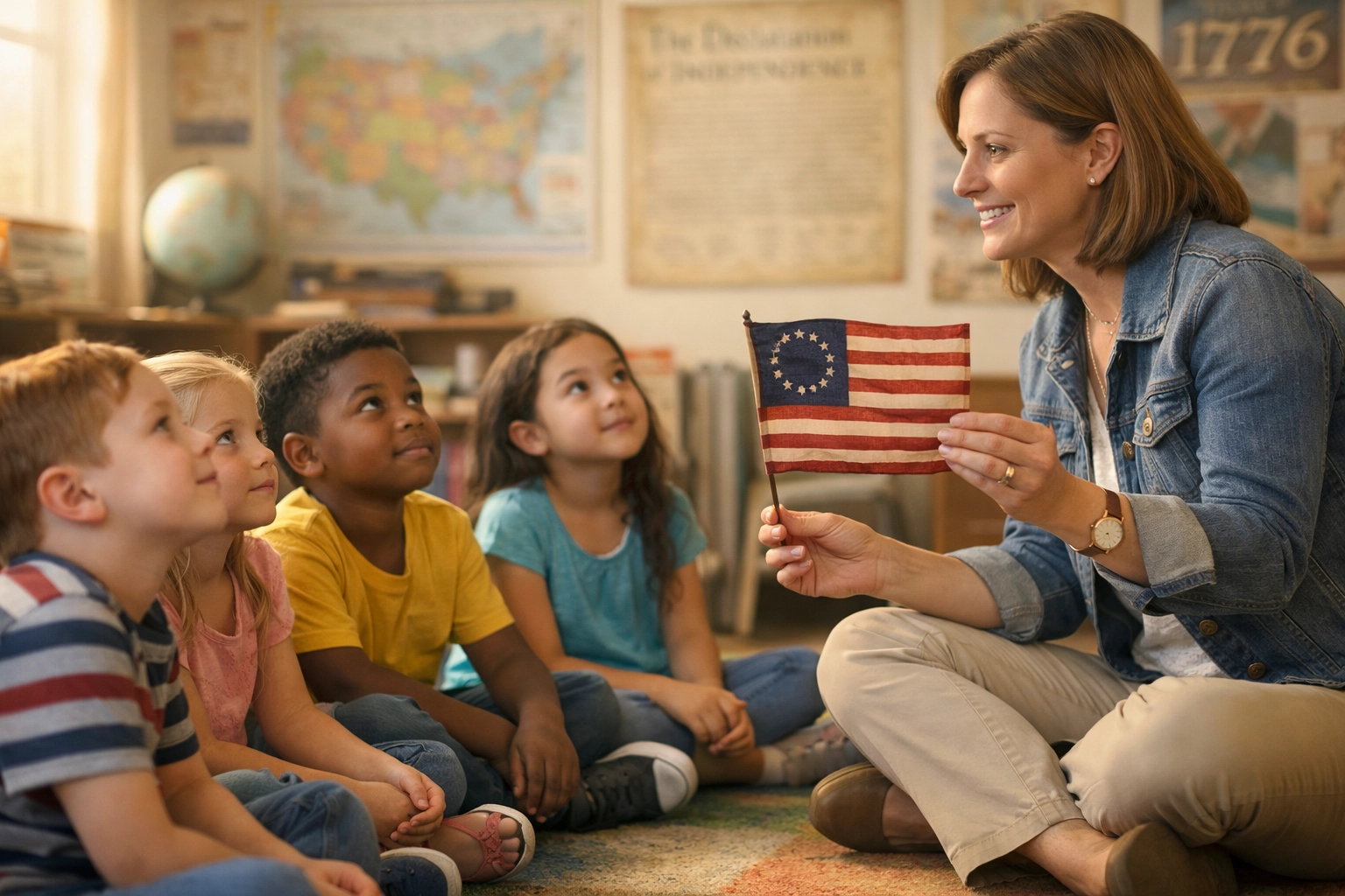 Elementary school children learning about American flag history during a civic education lesson in a classroom.