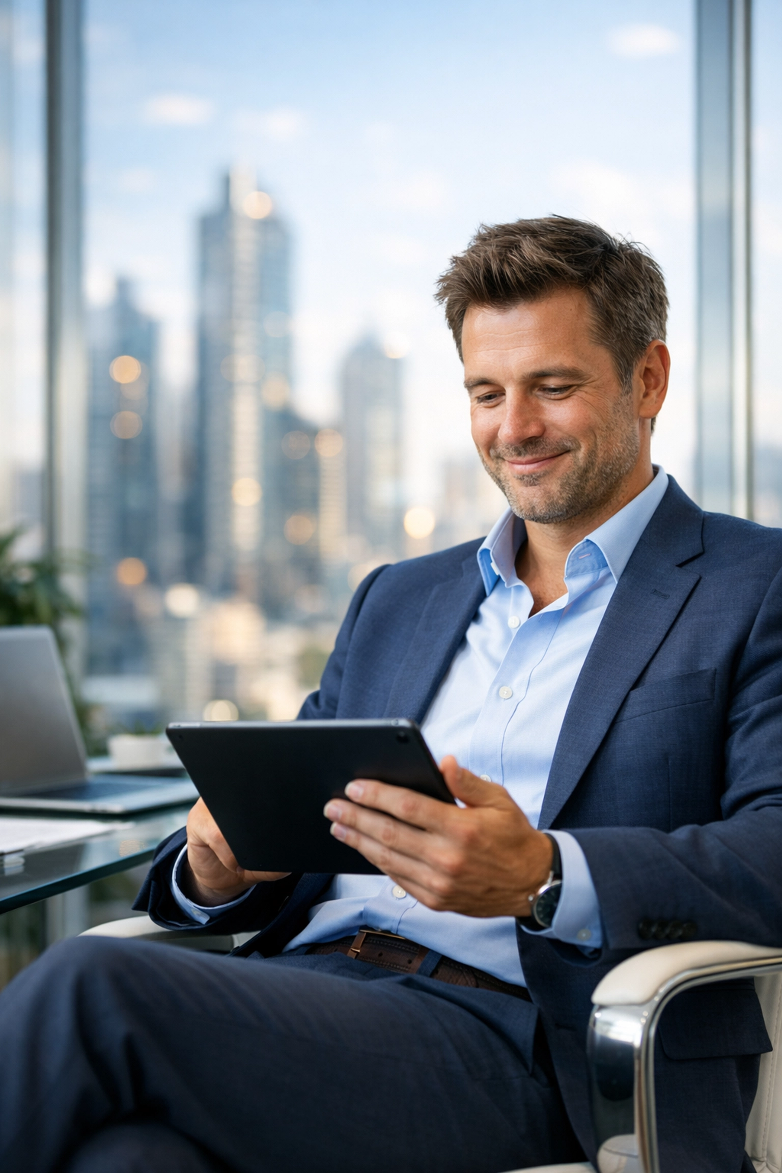 Confident founder using business automation tools to scale an Orbit Business in a modern office.