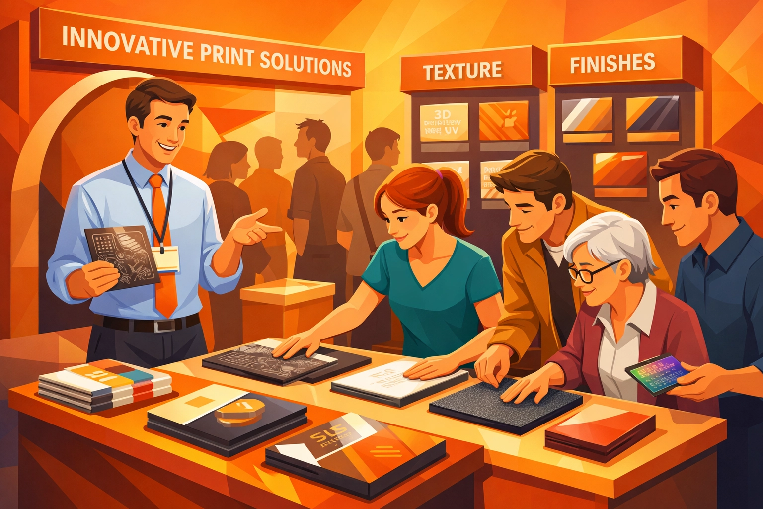 Print service provider demonstrating samples at interactive trade show booth