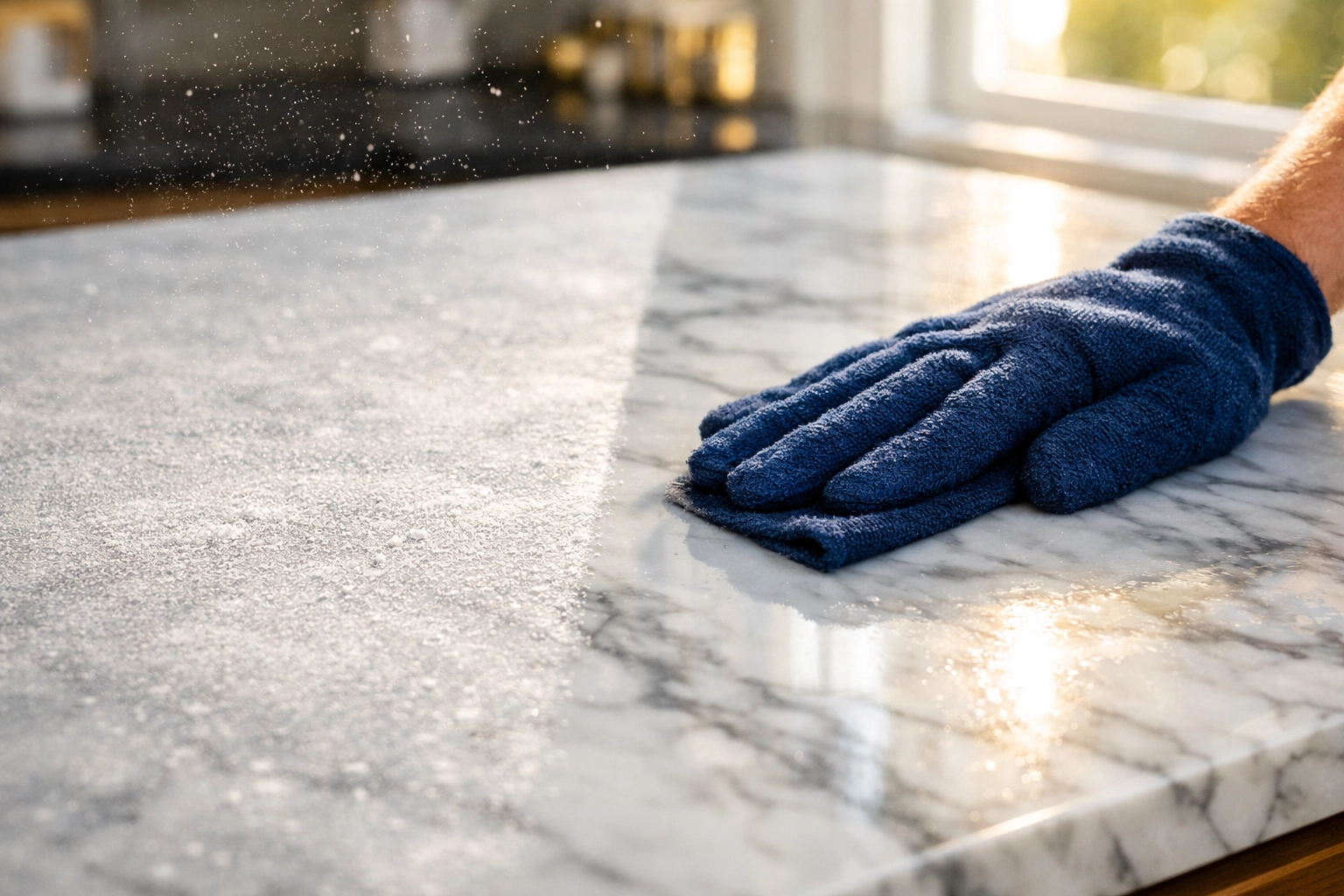 Specialized post construction cleaning Franklin showing dust removal from a high-end kitchen countertop.