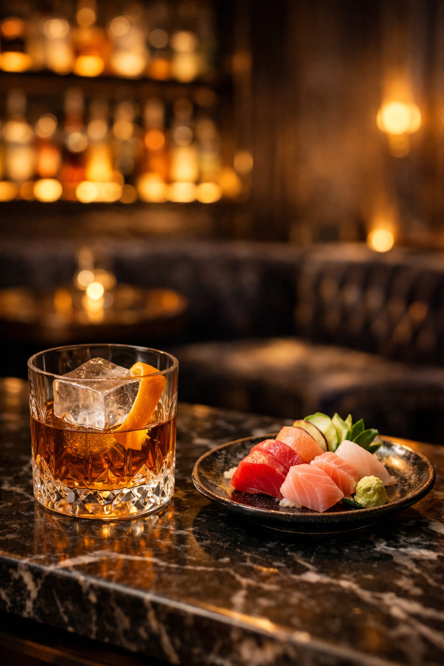 Sophisticated cocktails and fresh sashimi at Bowie Speakeasy in Old Montreal's Port.