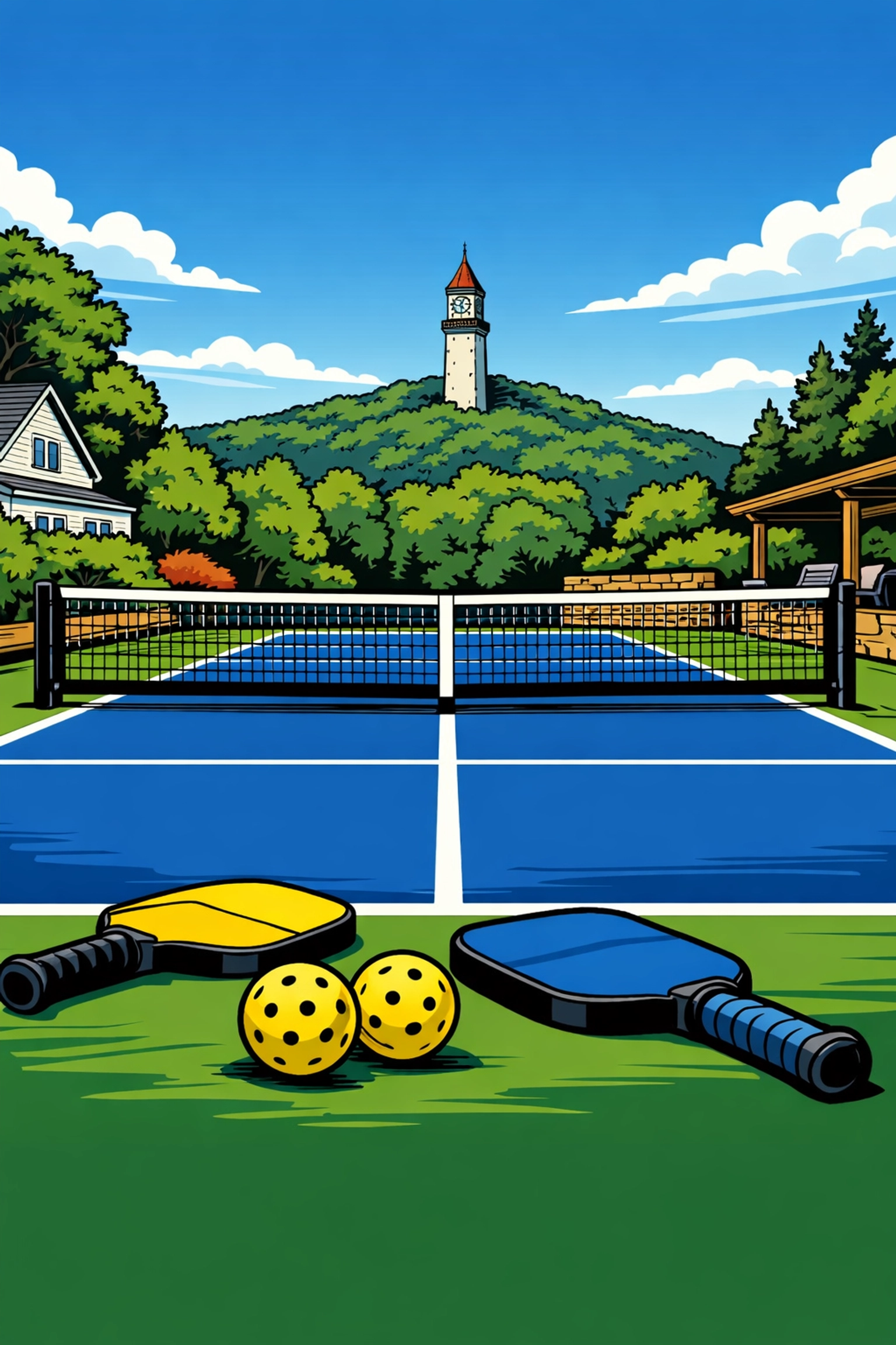Private pickleball court in a Simsbury backyard with stunning views of Heublein Tower.