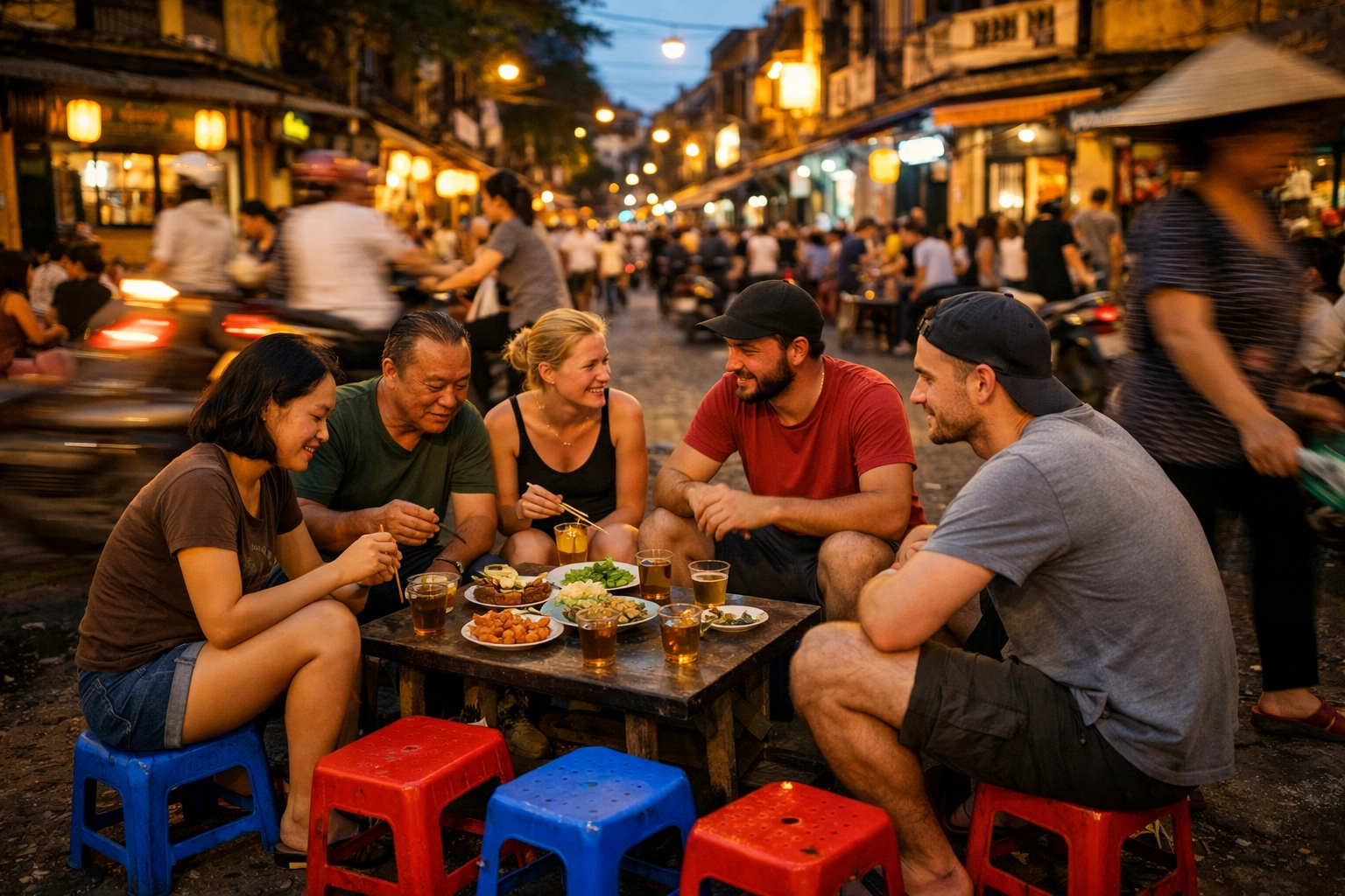 The Budget Traveler's Guide to Finding the Best Cheap Eats in Hanoi 1 Authentic street food stall in Hanoi's Old Quarter with people dining on tiny plastic stools.