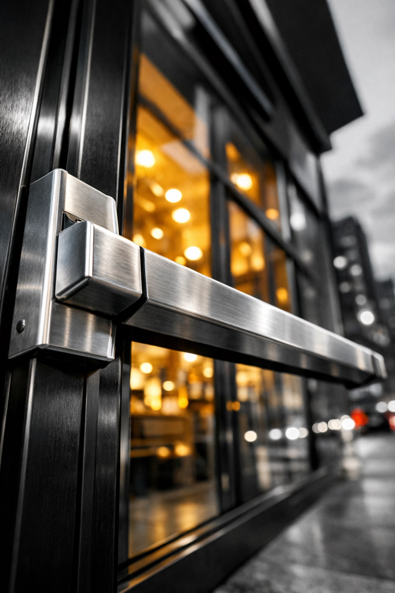 Commercial exit device and panic bar security hardware installed on a storefront door in Indianapolis.