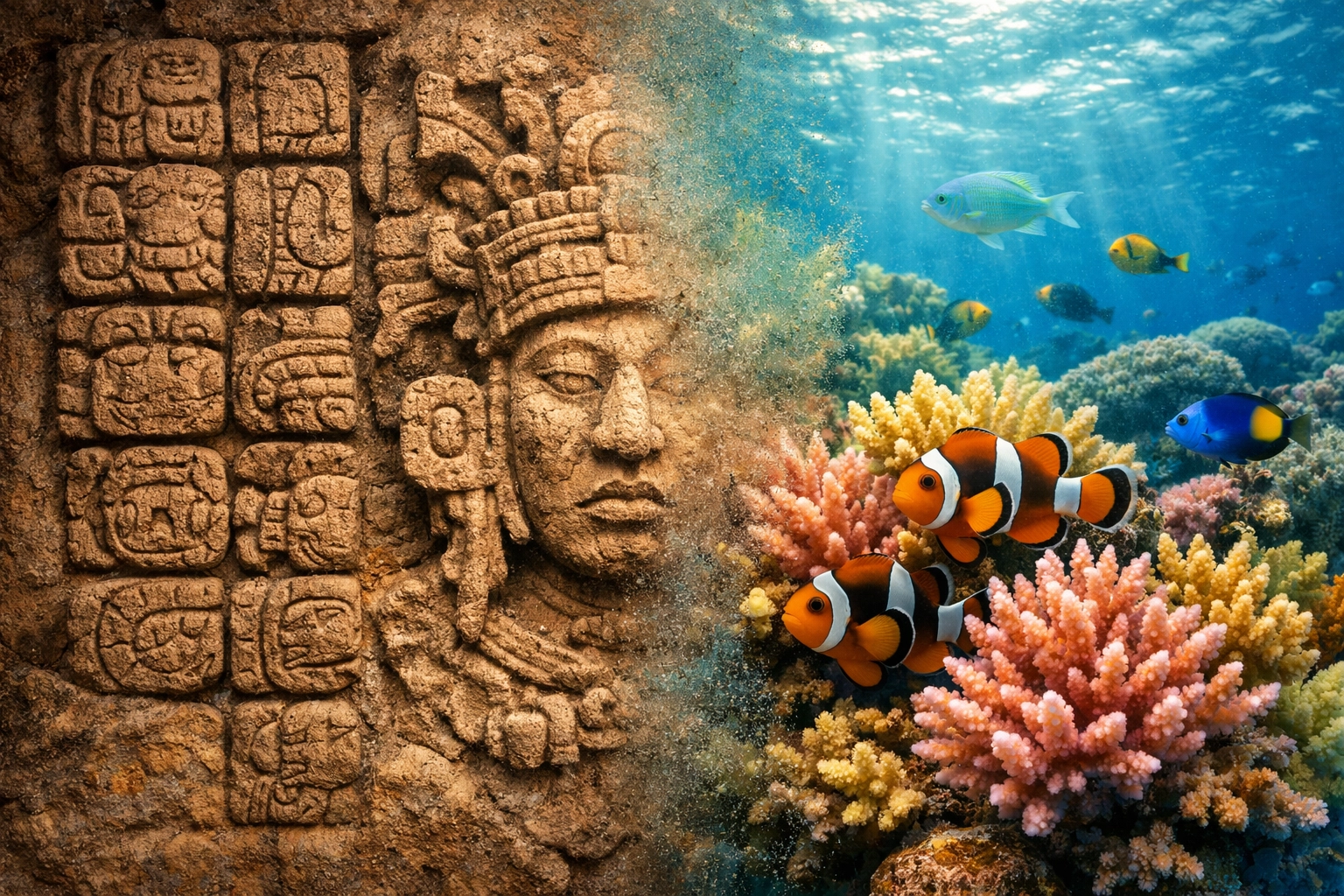 Maya hieroglyphics and coral reef ecosystems illustrating Belize's cultural and natural heritage