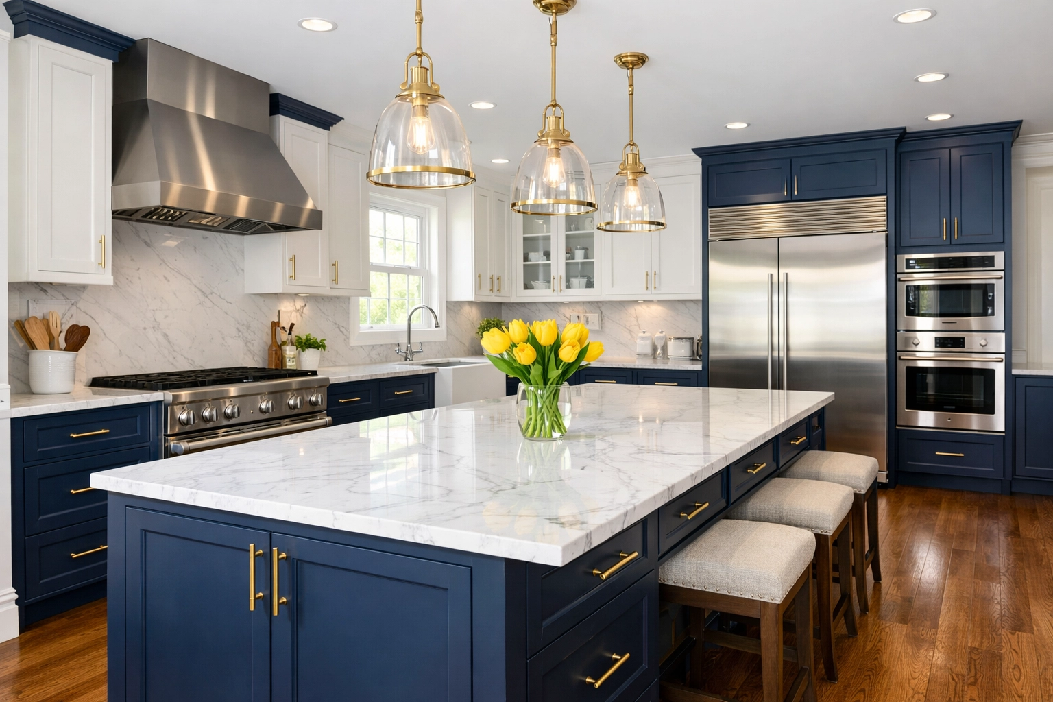Pristine kitchen after bi-weekly house cleaning in Natick, featuring clean marble countertops.