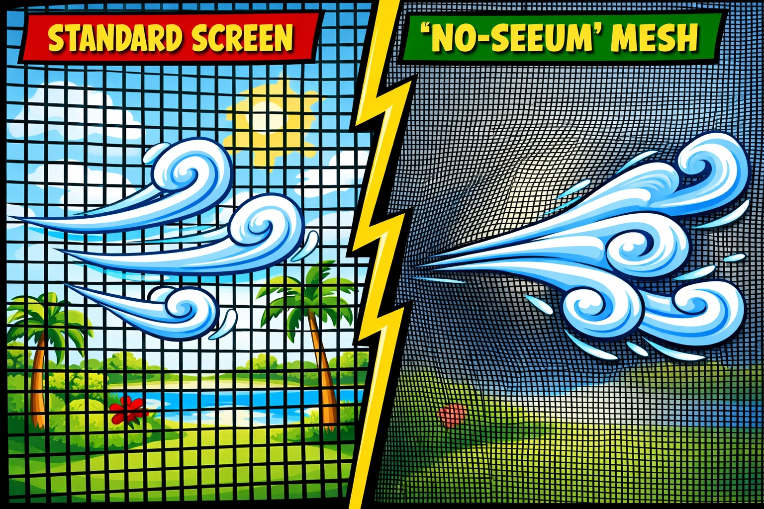 Illustration comparing standard 18/14 screen mesh and 20/20 No-Seeum mesh wind load pressure.