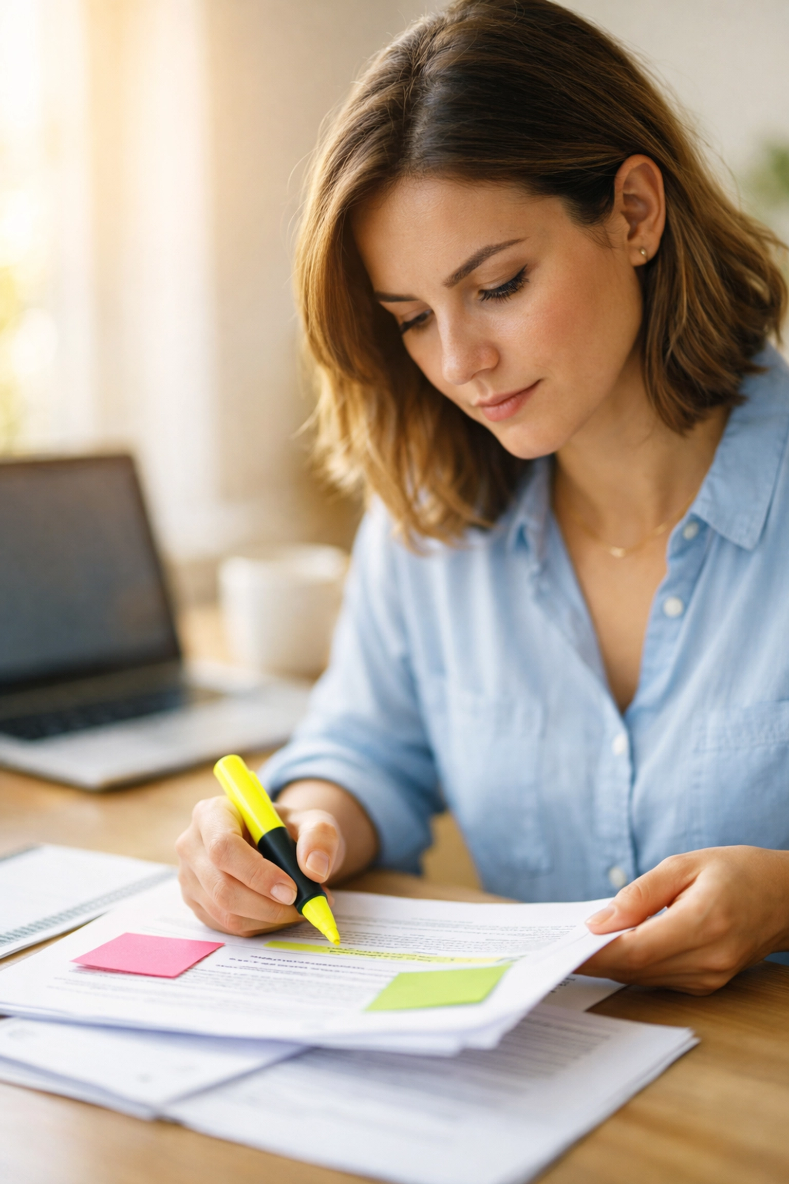 Woman organizing and reviewing past-due bills and credit documents at desk