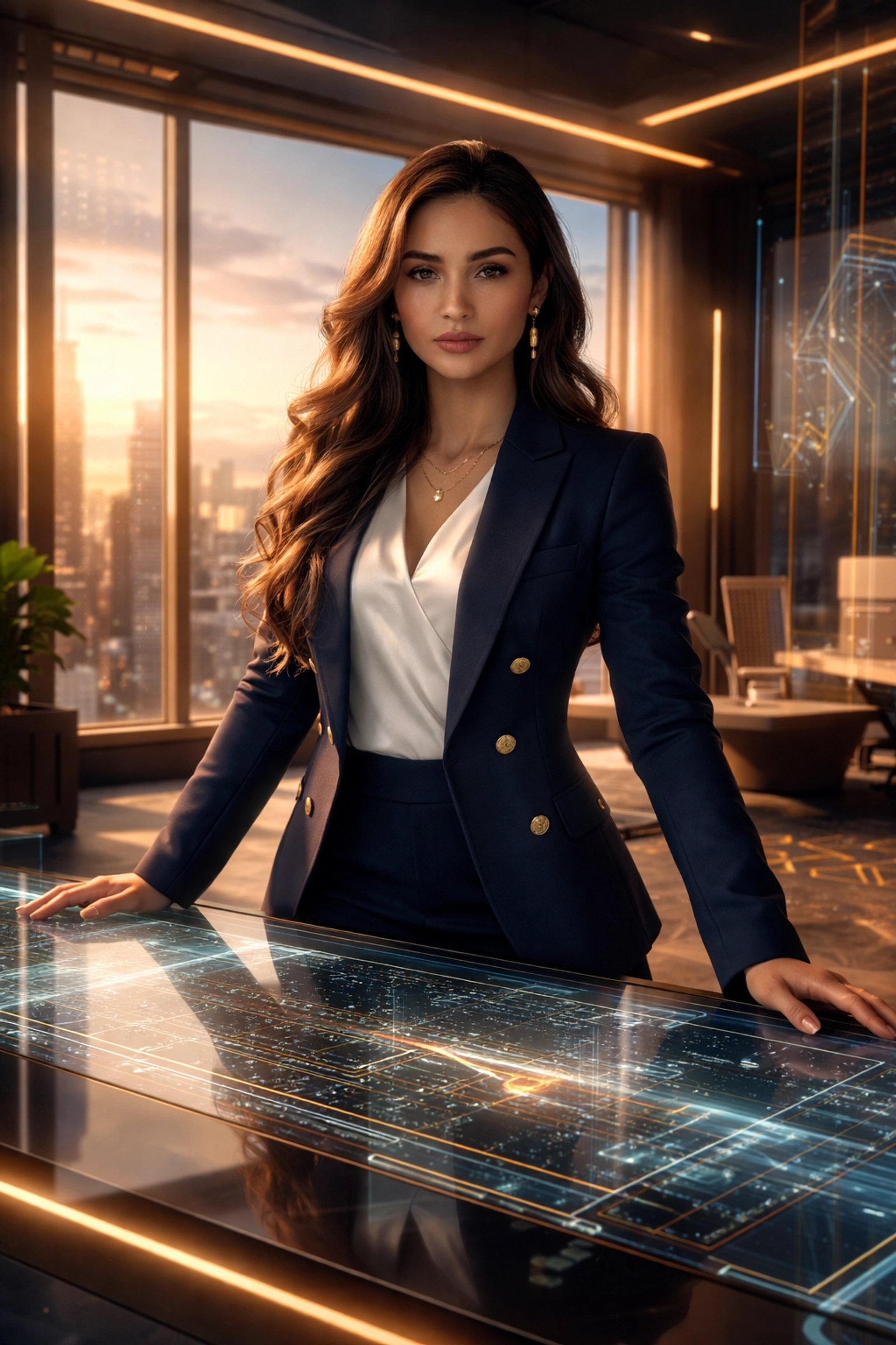 Young Hispanic woman leads confidently at a modern desk, embodying faith-based leadership and divine purpose in a visionary office setting.