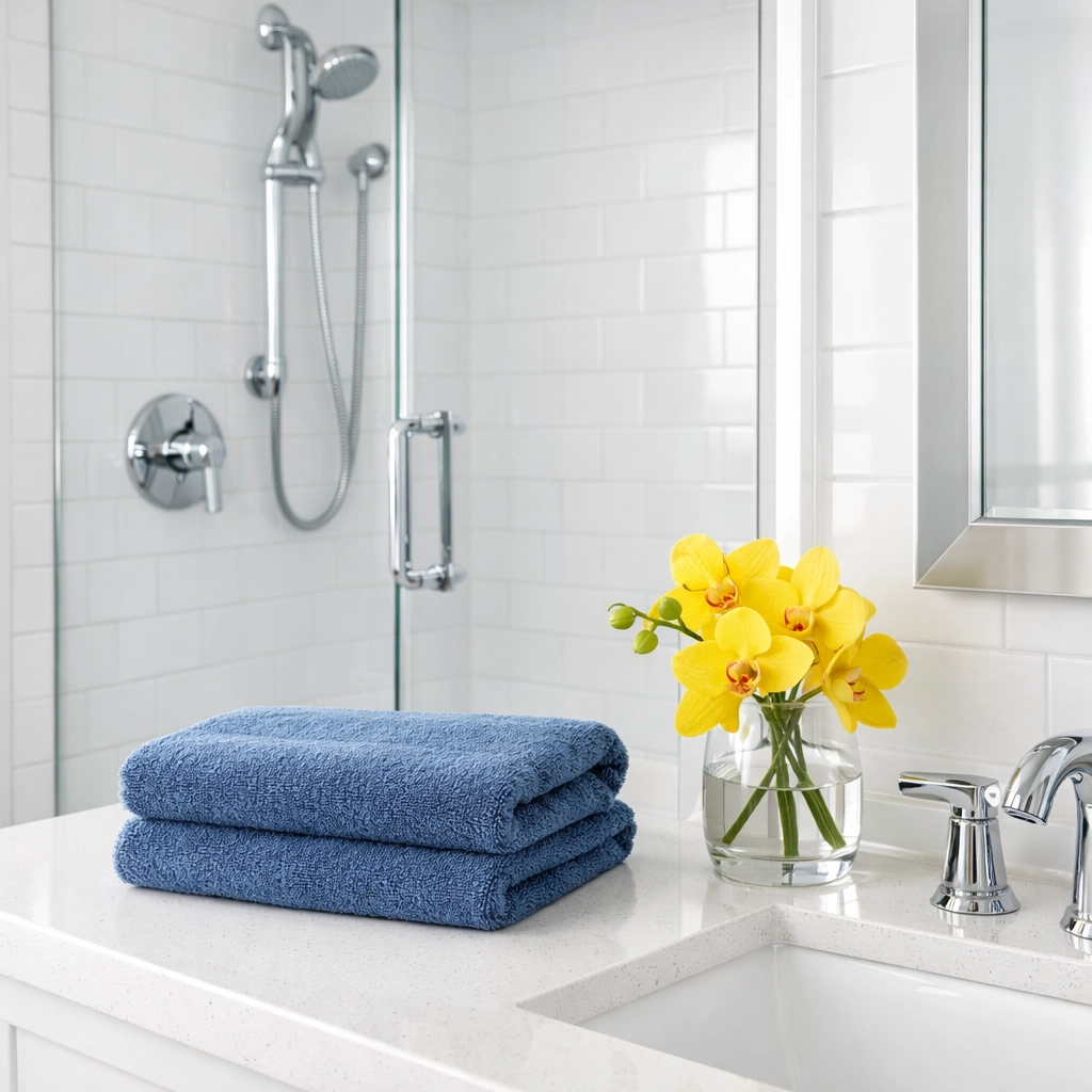 Spotless luxury bathroom showcasing deep cleaning by a professional house cleaning service in Fitchburg.
