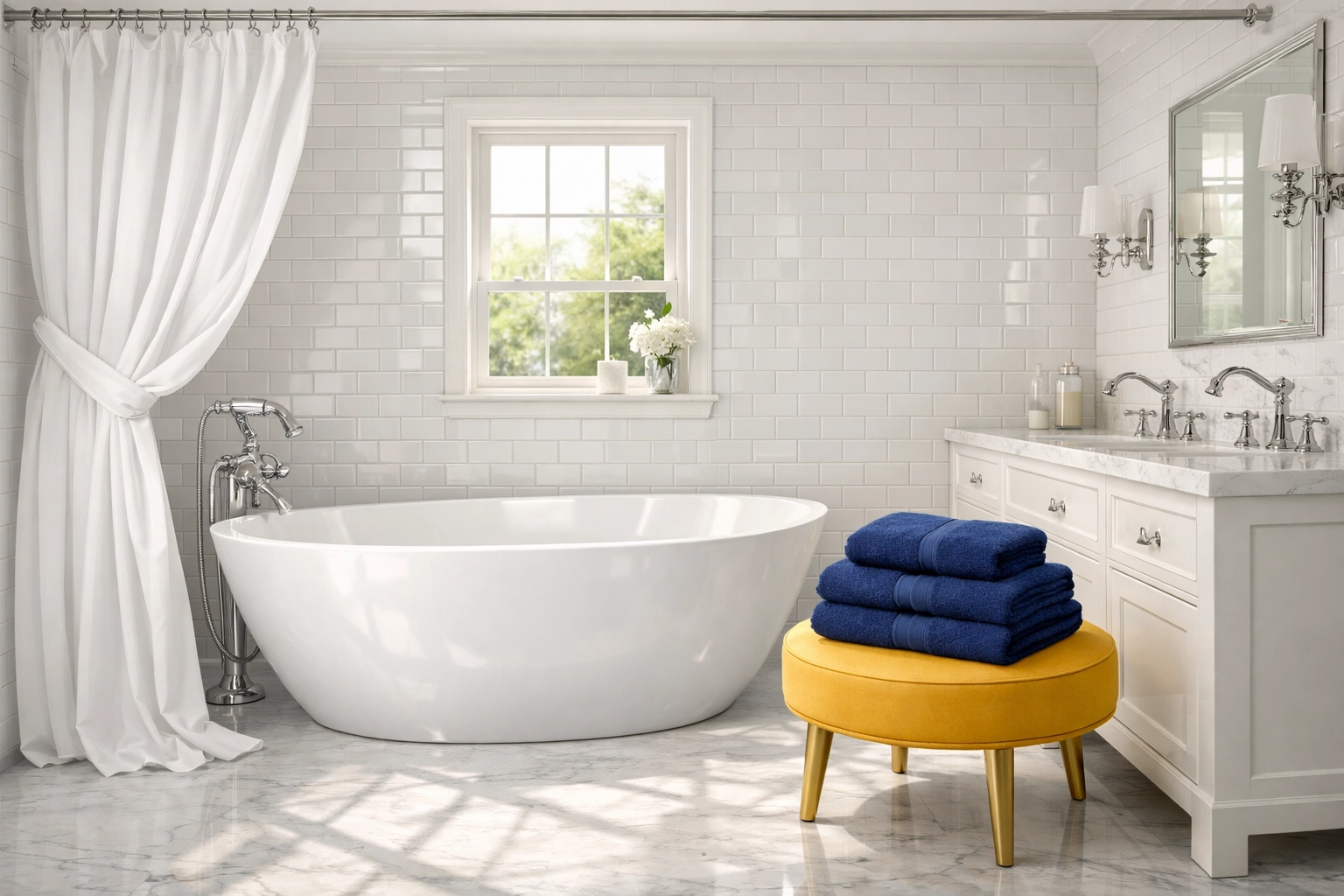 Luxury bathroom with a clean white shower curtain after professional weekly house cleaning services.