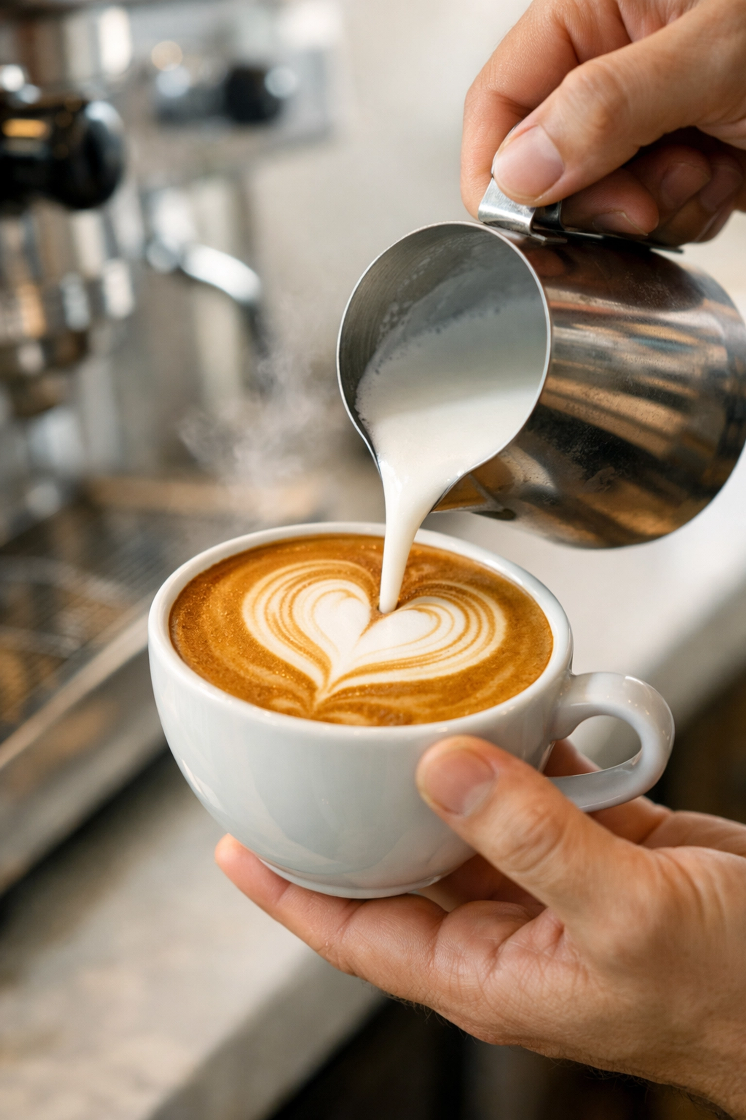 A skilled barista pouring heart latte art in a warm, welcoming coffee shop during a grand opening.