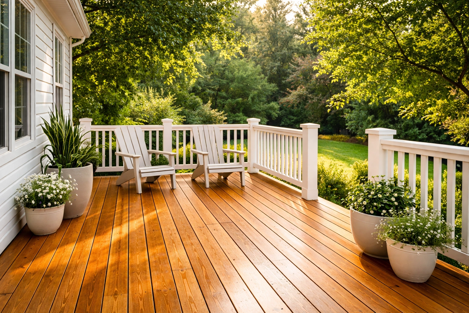 Restored and freshly sealed Atlanta home deck with chairs and plants, showcasing perfect deck sealing results.