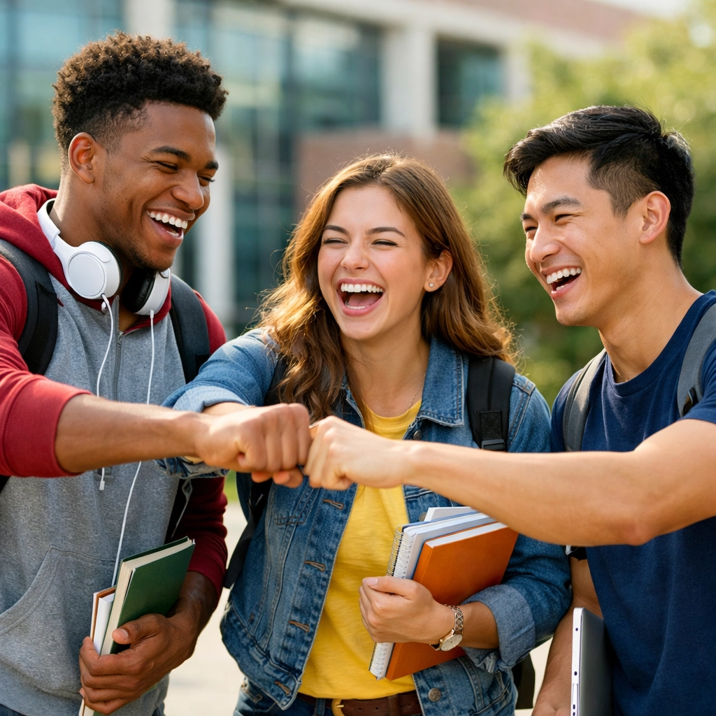 College students celebrating DSST exam success and thousands saved in tuition costs