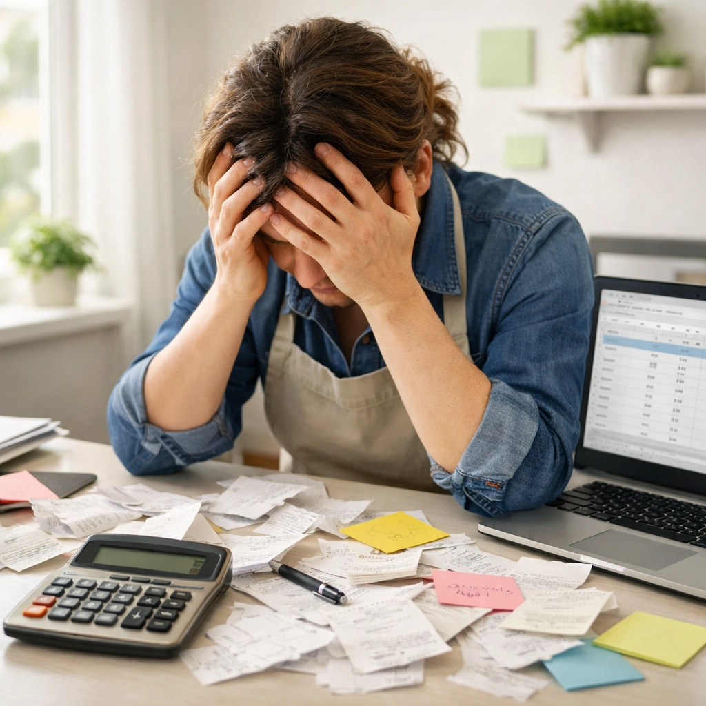 Overwhelmed small business owner struggling with manual bookkeeping and paper receipts Overwhelmed small business owner struggling with manual bookkeeping and paper receipts