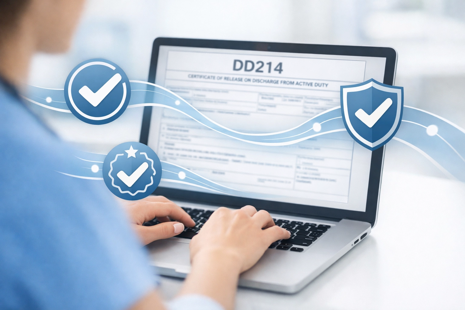 Healthcare worker using automated DD214 verification software with successful eligibility confirmation