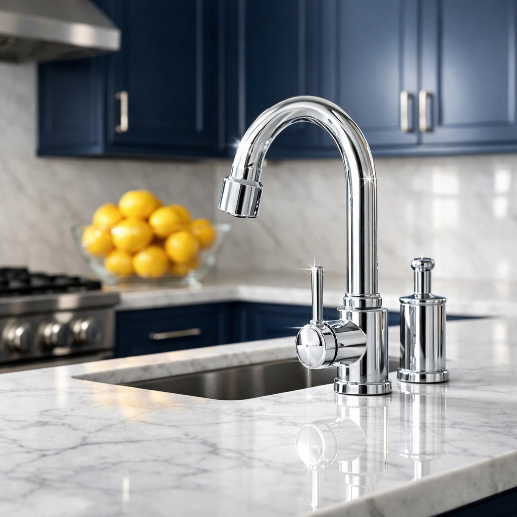 A sparkling clean marble kitchen countertop and faucet following a professional apartment cleaning Southborough.