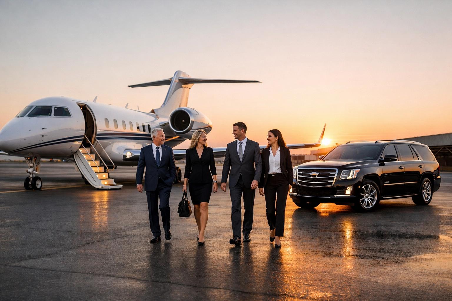 Corporate executives arriving via private jet and luxury SUVs for elite Super Bowl VIP hosting.