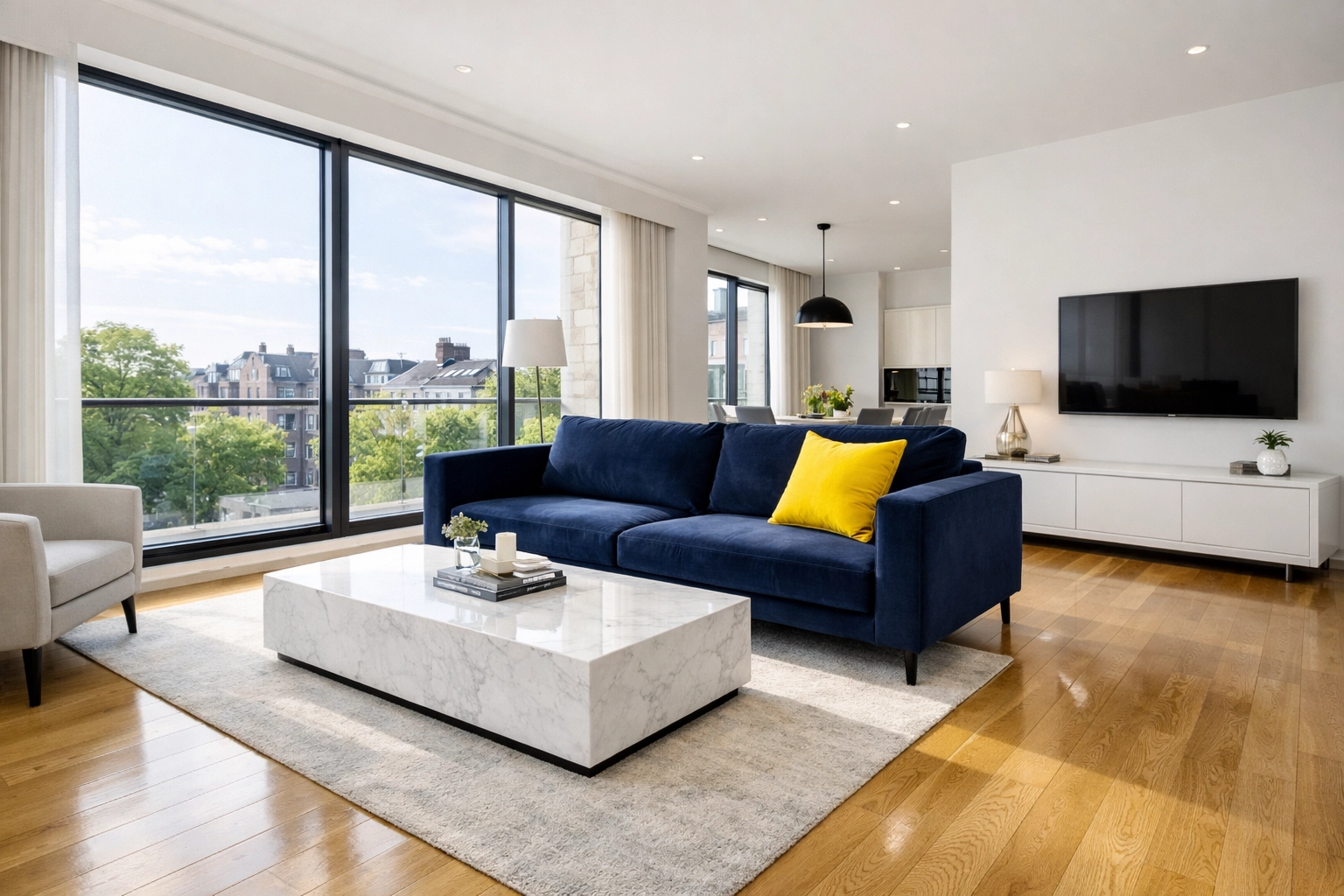 Clean luxury living room showing efficient results from professional cleaners MA services.