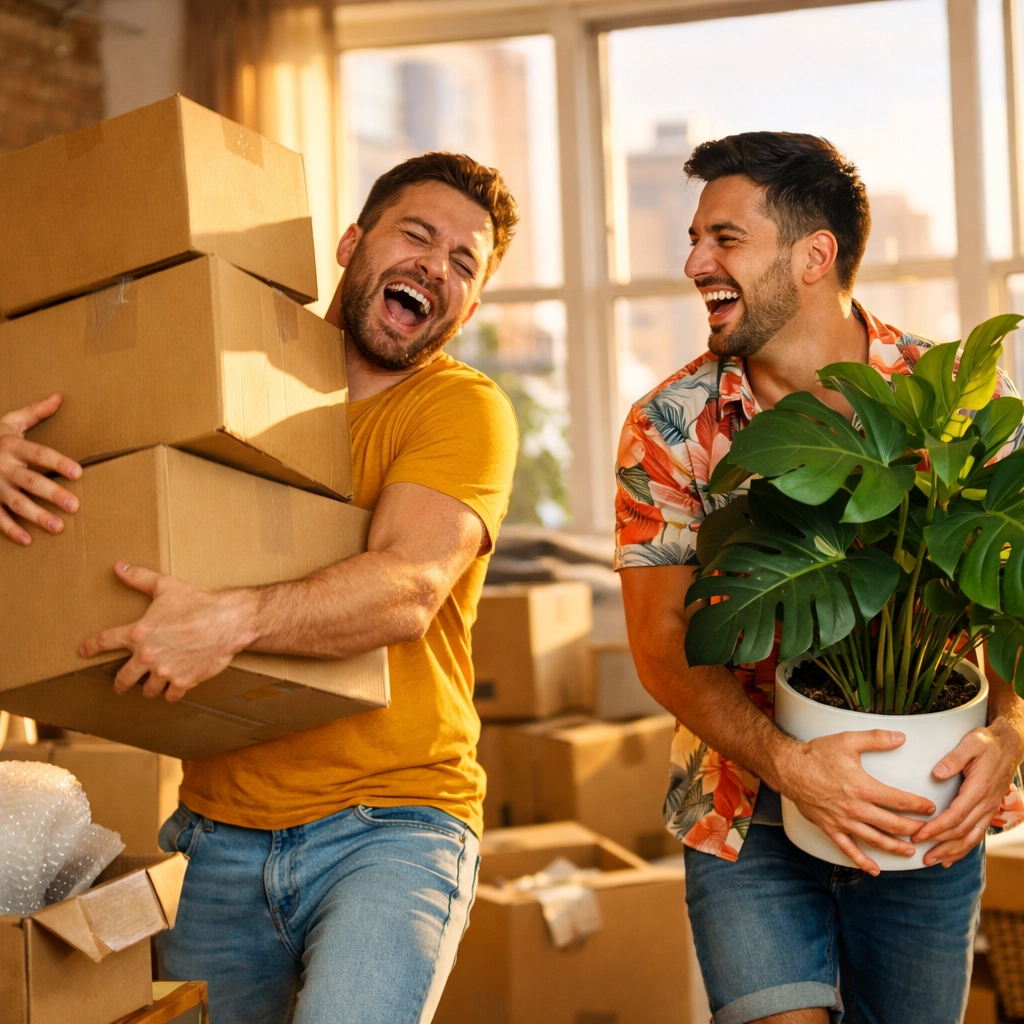 A gay couple moving into a new home together, illustrating early relationship milestones.