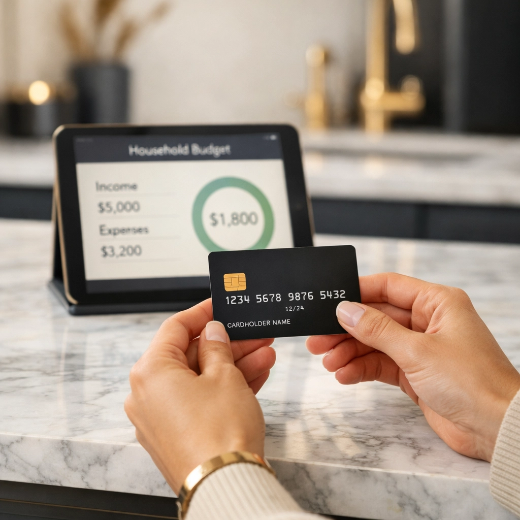 A person holding a credit card while reviewing their budget to avoid common consolidation mistakes.