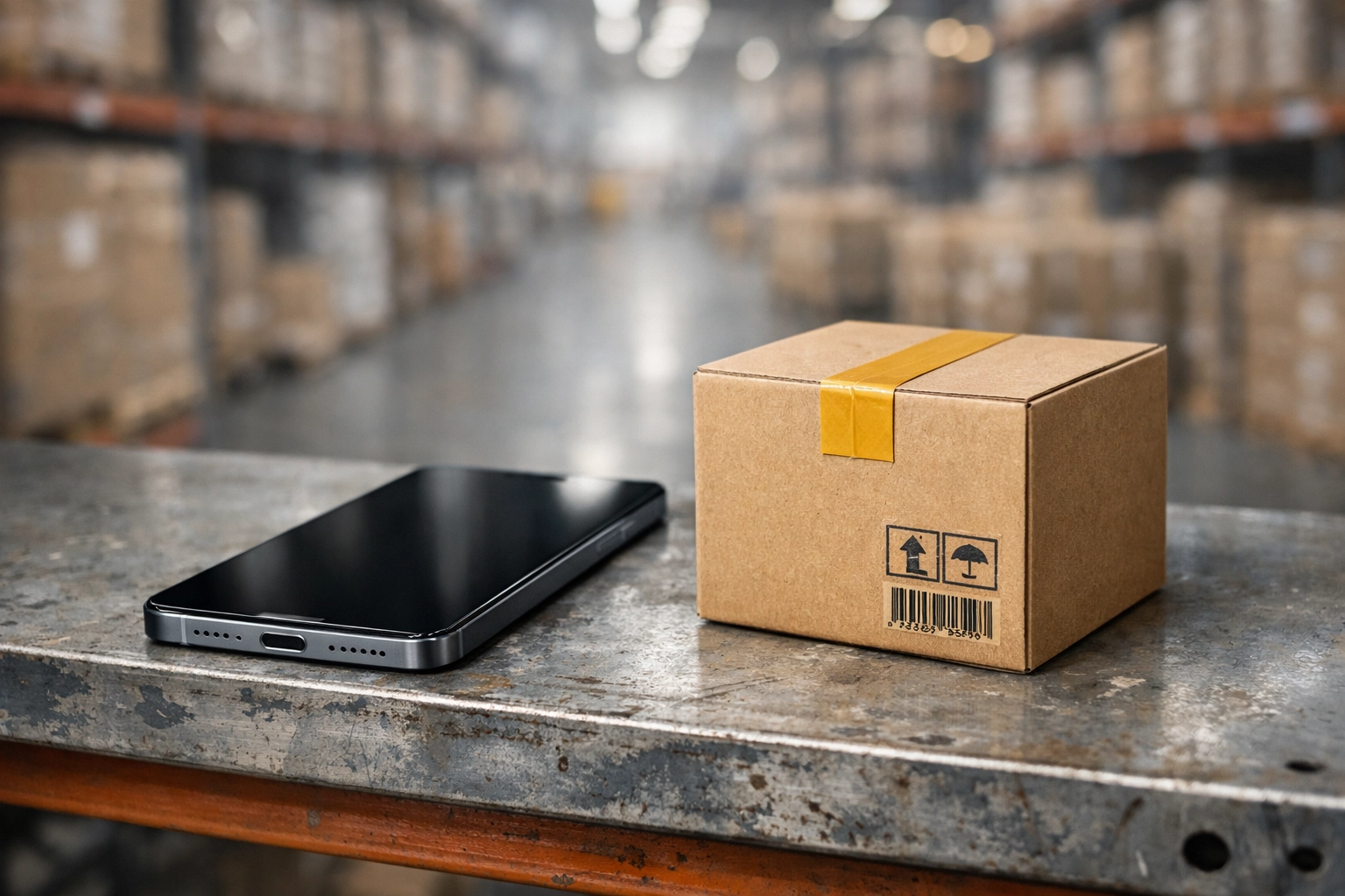A wholesale smartphone and shipping box on industrial shelving in a global B2B distribution hub.