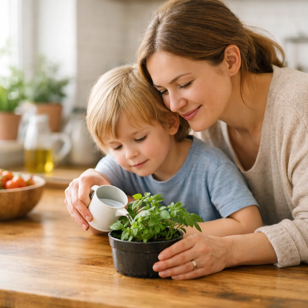 Mother and child watering herbs together in a bright, modern kitchen for a healthy family lifestyle.