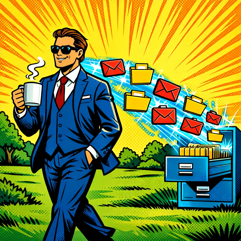 Relaxed business owner in a park while workflow automation for small business organizes digital files automatically.