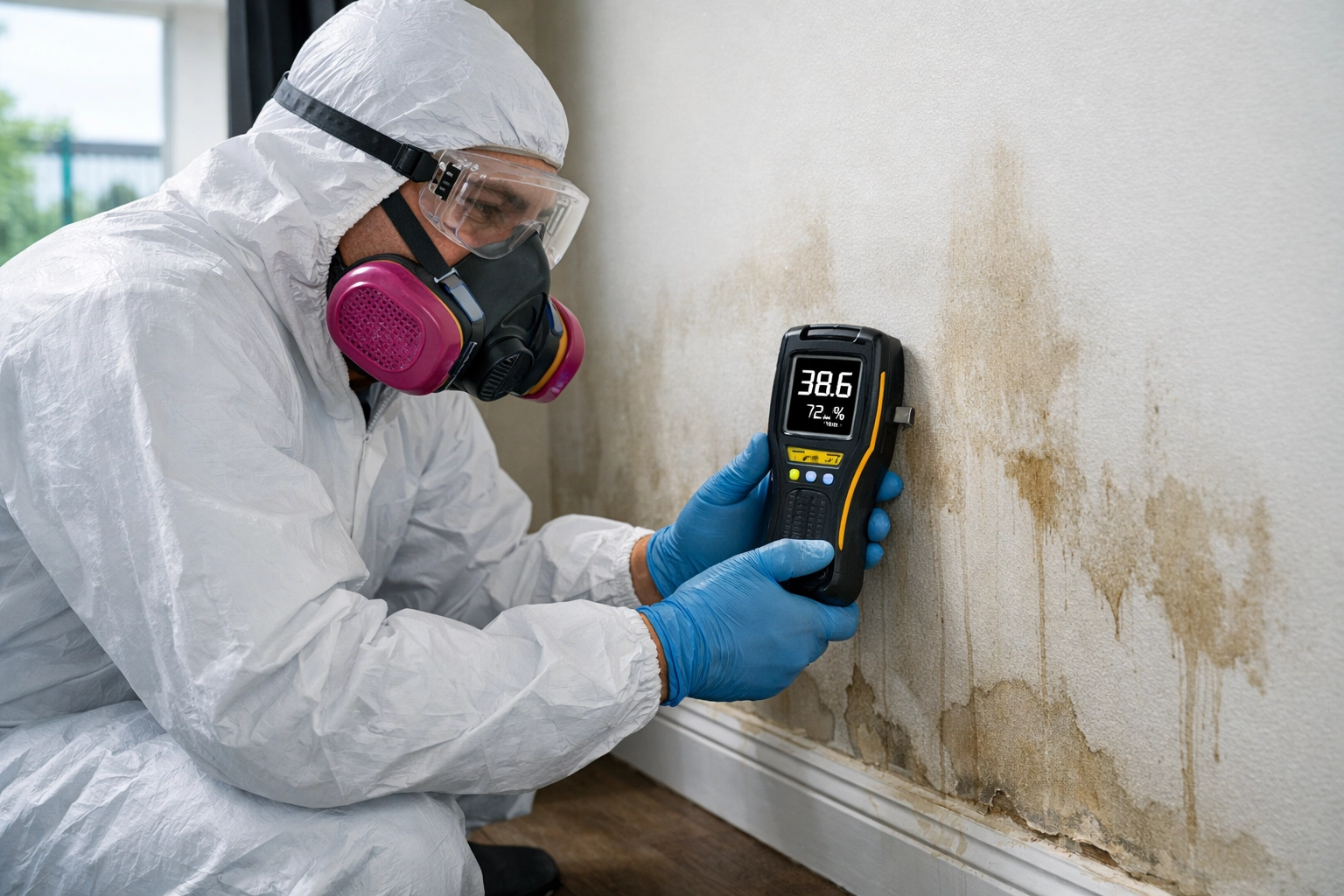 Professional water damage technician using moisture meter on water-stained wall