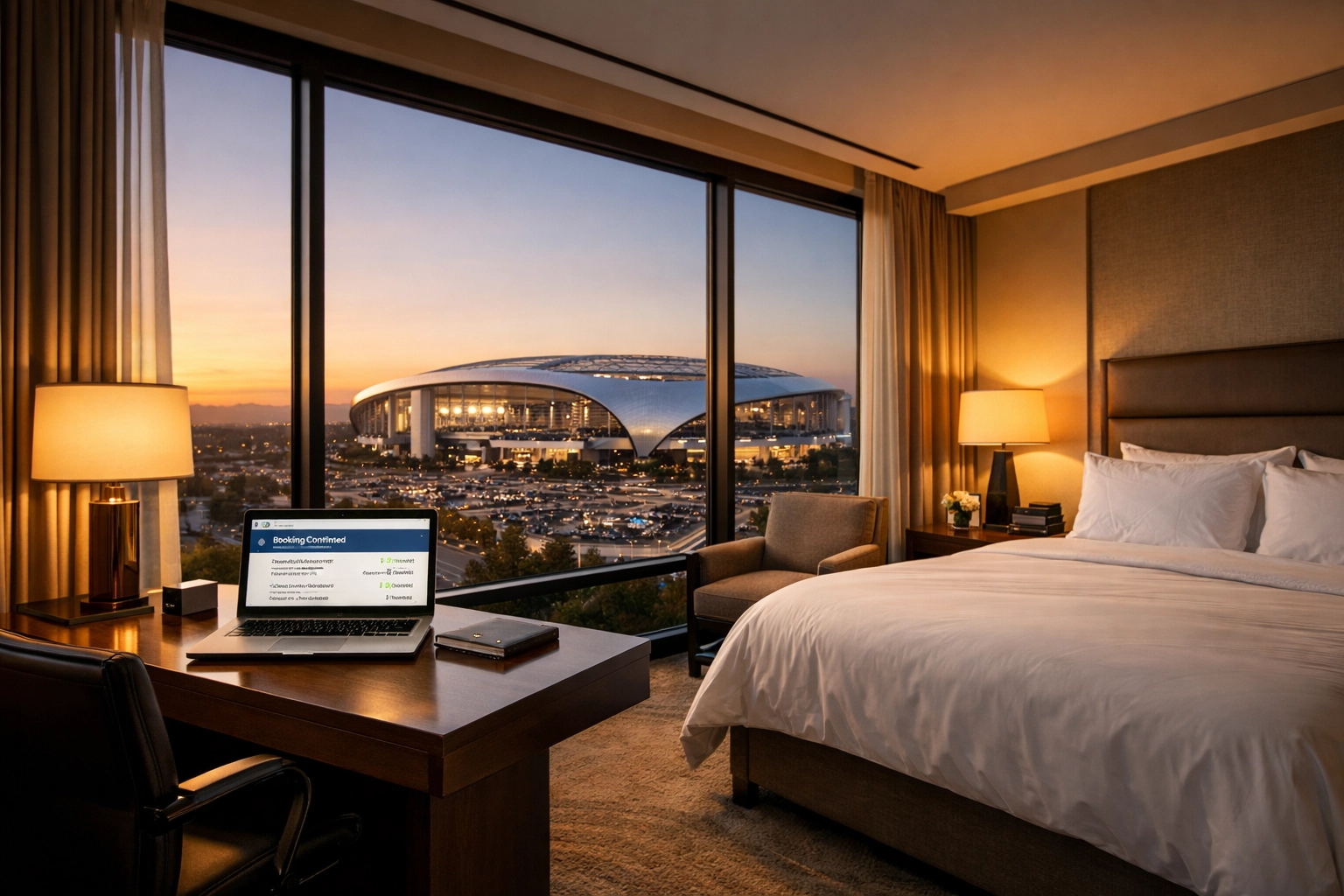 NEWSLETTER: 7 Last-Minute Super Bowl Travel Mistakes Executives Make (And How to Fix Them Before Kickoff) Luxury hotel room with Super Bowl stadium view for executive travelers