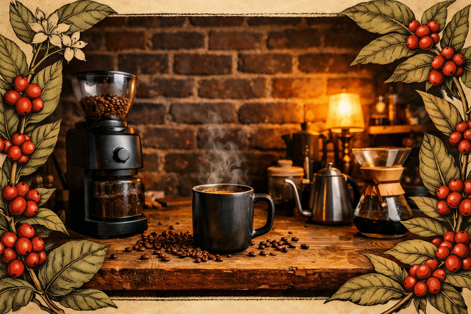 A home barista station with a coffee grinder, illustrating how to make whole bean coffee.