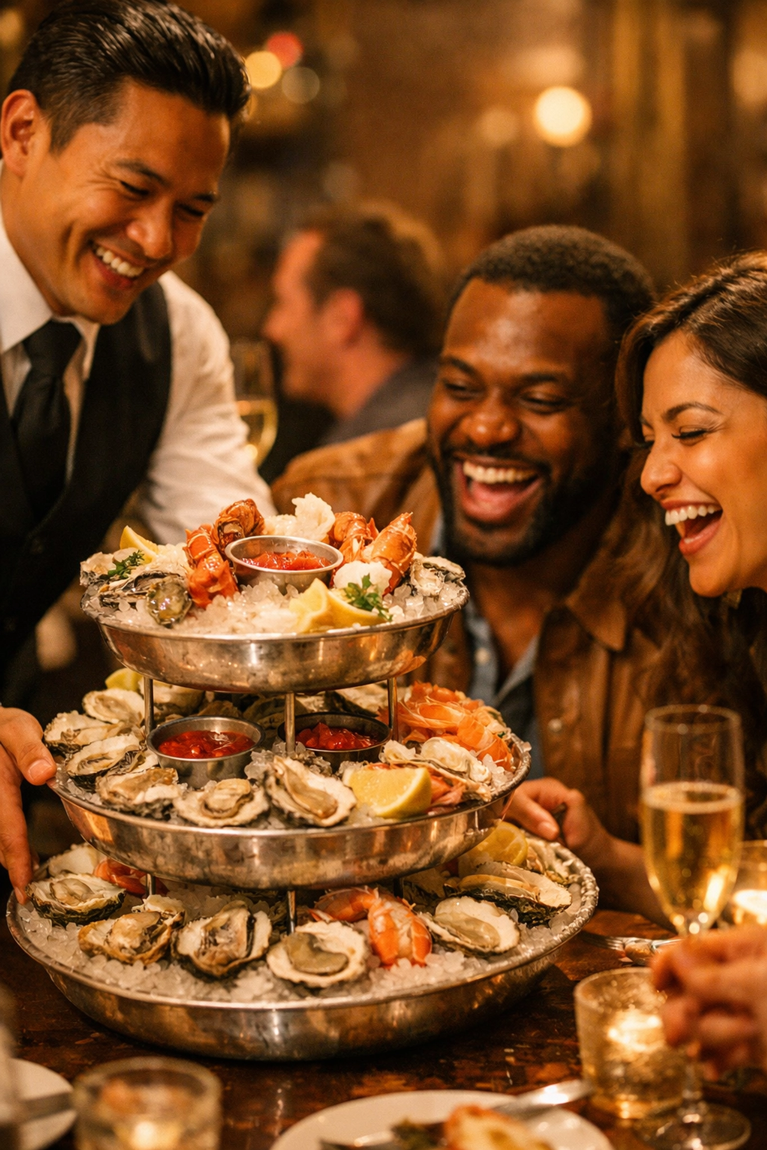 Professional waiter serving a fresh seafood tower to guests at JouJou restaurant in the SF Design District.