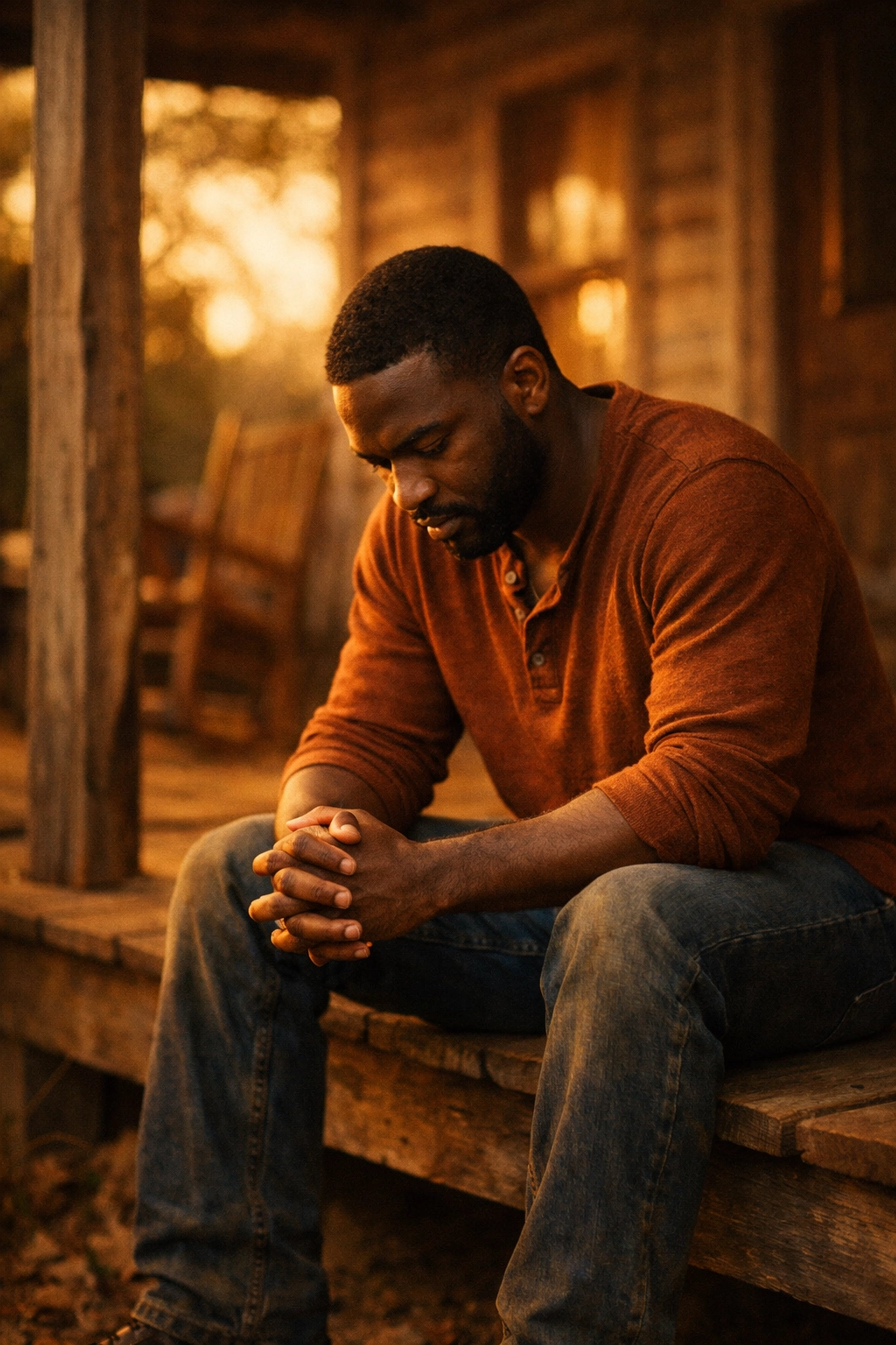 Black man sitting alone on porch reflecting on mental health and emotional burden