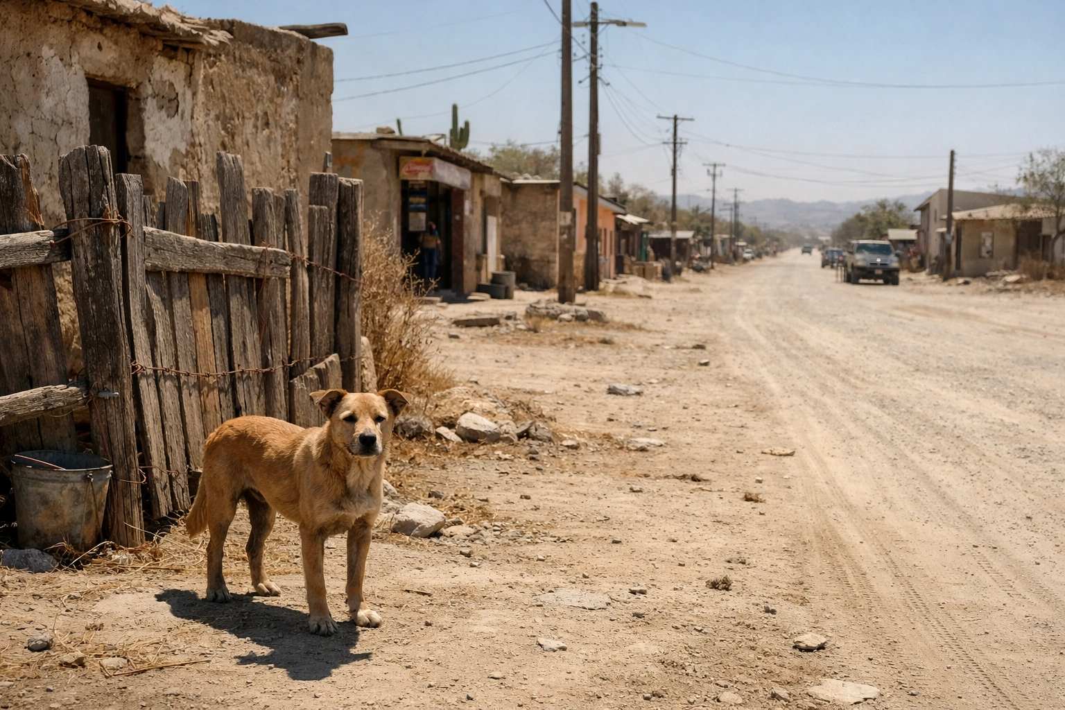 Stray dog in a rural Mexican village needing a free spay neuter clinic for pet population control.