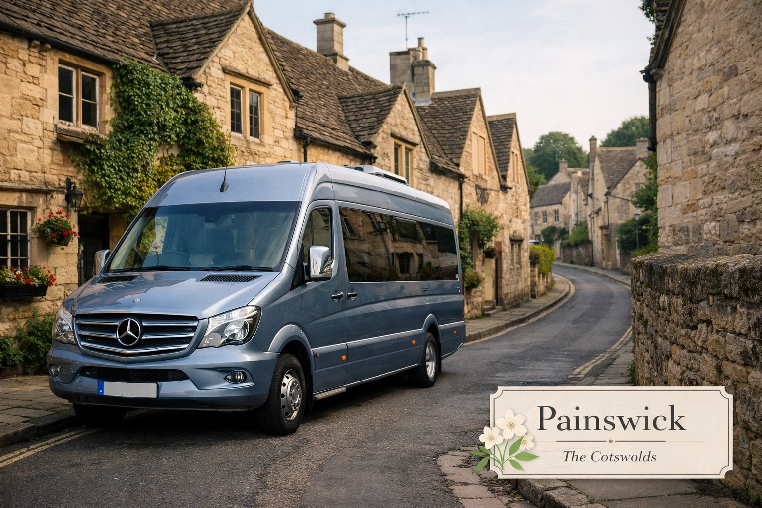 Silver blue Shakespeare Coaches minibus parked on a narrow street with historic honey-colored cottages in Painswick.