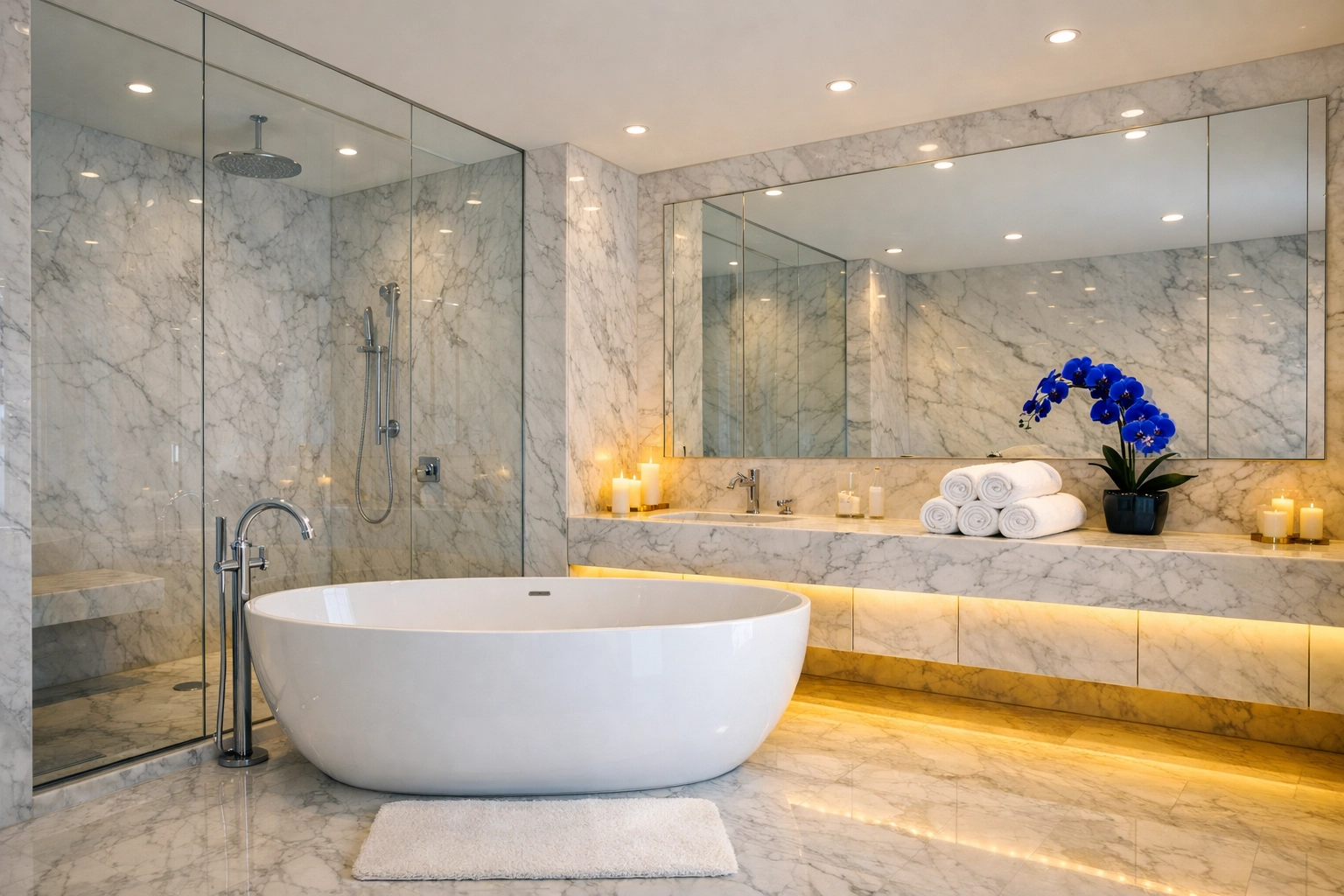 Spotless Carrara marble bathroom in a Hingham home following luxury residential cleaning sanitation.