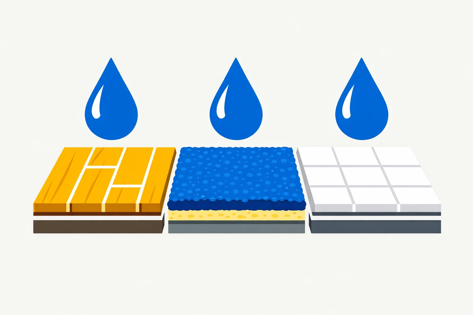 Illustration showing water moisture infiltration in hardwood, carpet, and tile flooring for water damage restoration.
