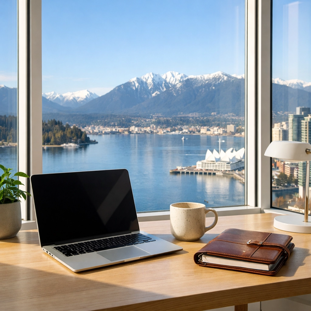 Modern Vancouver office with mountain views illustrating professional Airbnb property management strategy.