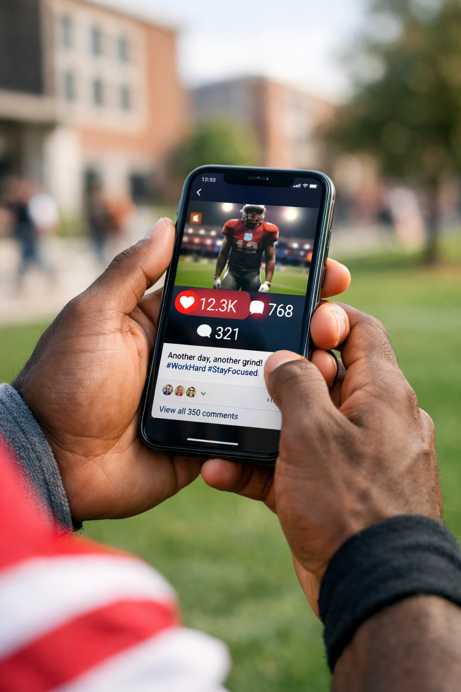 College athlete using smartphone to manage social media engagement for NIL brand deals