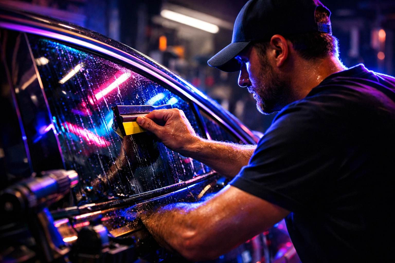 Professional window tint installer applying film to car window at Chattanooga auto shop