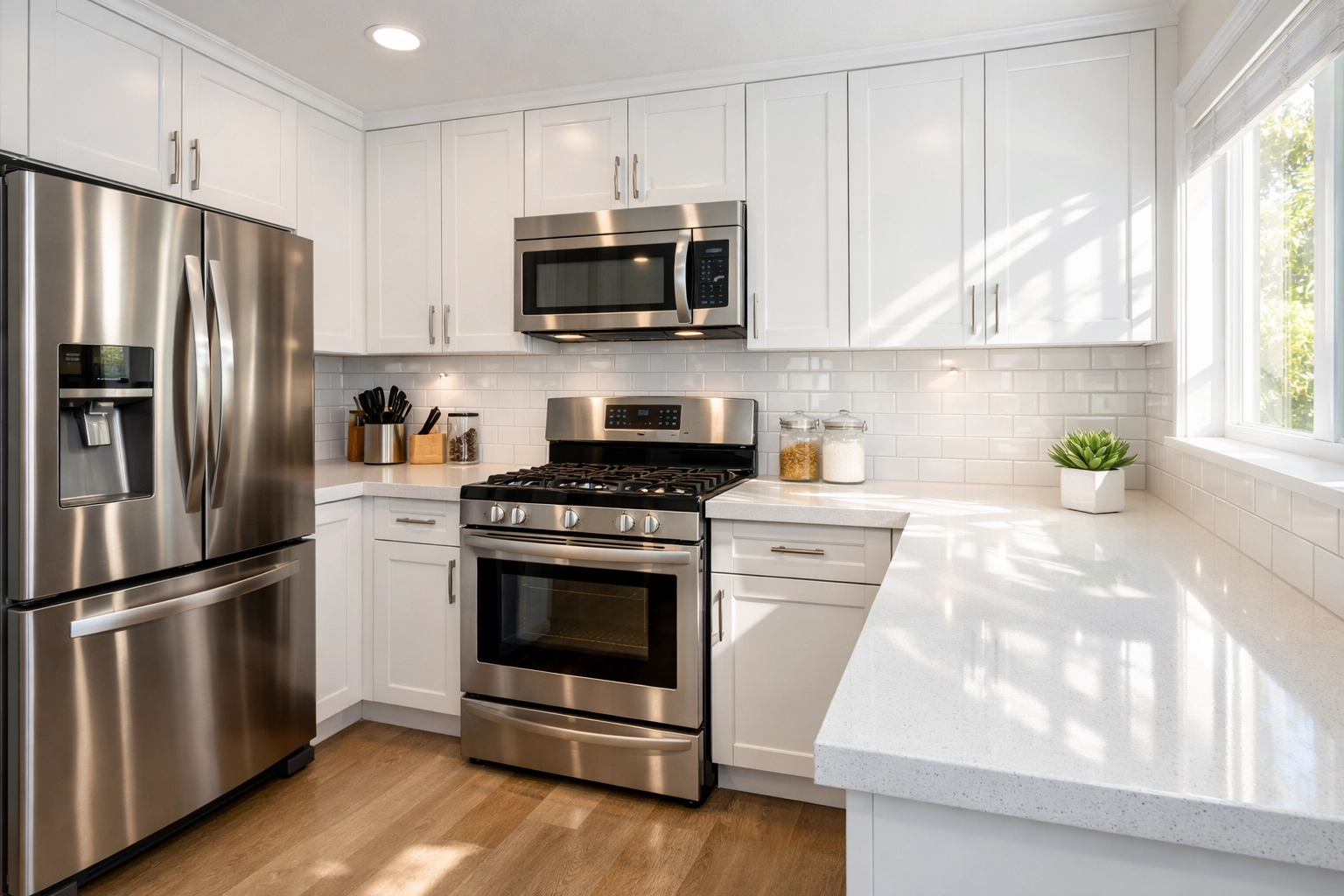 A spotless, sun-filled modern kitchen showing professional deep cleaning service Cedar Falls results.