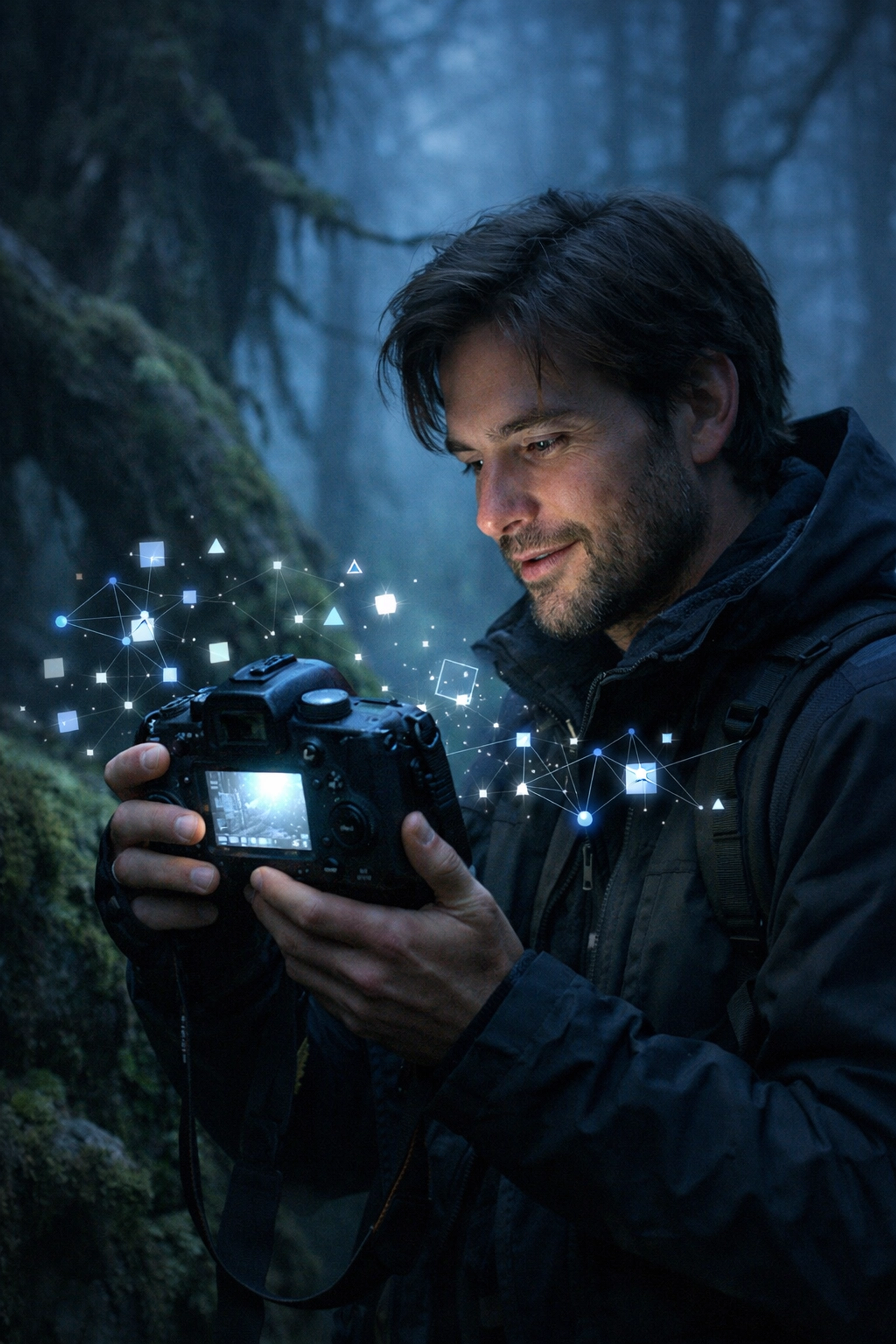 Photographer using AI software in a forest setting to enhance creative photography for beginners.